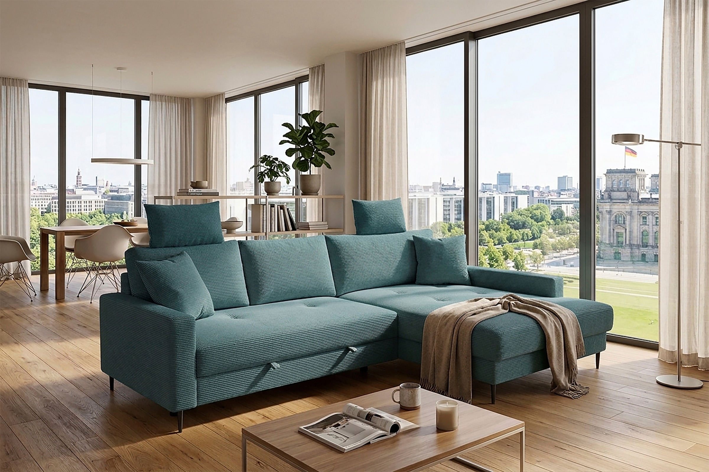 Trends by HG Ecksofa "Summer L-Form, B: 284 cm, Schlaffunktion, 2 Zierkissen" mit Kopfstützen, Wellenfederung, frei stellbar