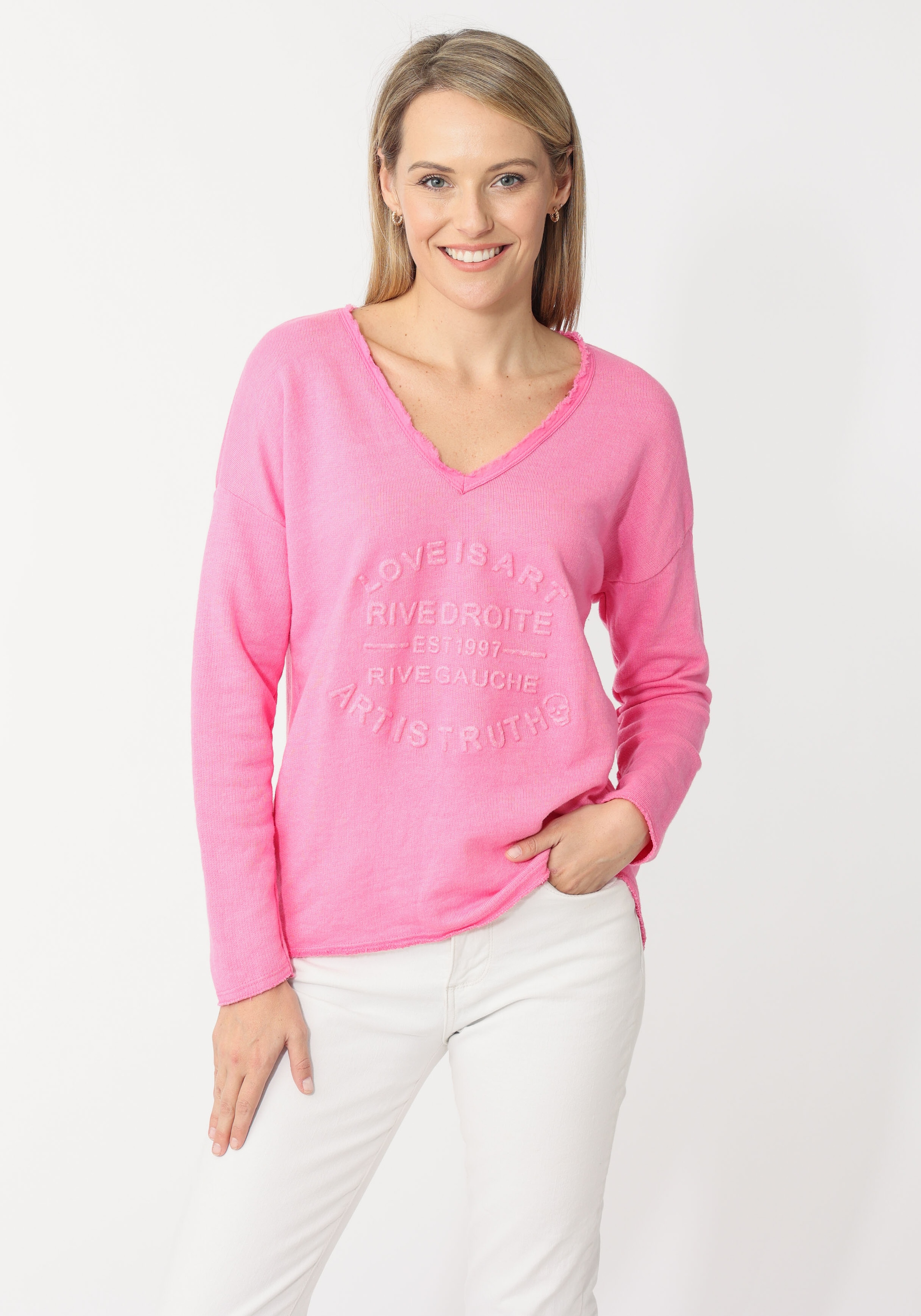 Zwillingsherz Sweatshirt, ausgefranster V-Ausschnitt, Vintage Look, Langarm günstig online kaufen