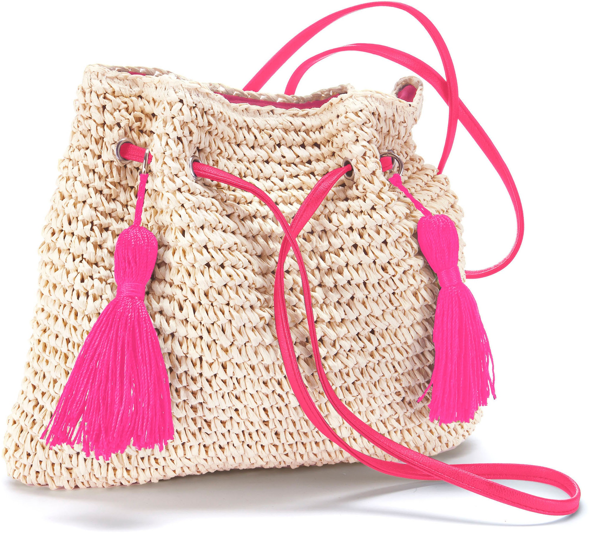 LASCANA Umhängetasche "Strandtasche, Schultertasche, Sommertasche, Damentasche" Handtasche Damen zum Umhängen, mit modischen Bommeln VEGAN