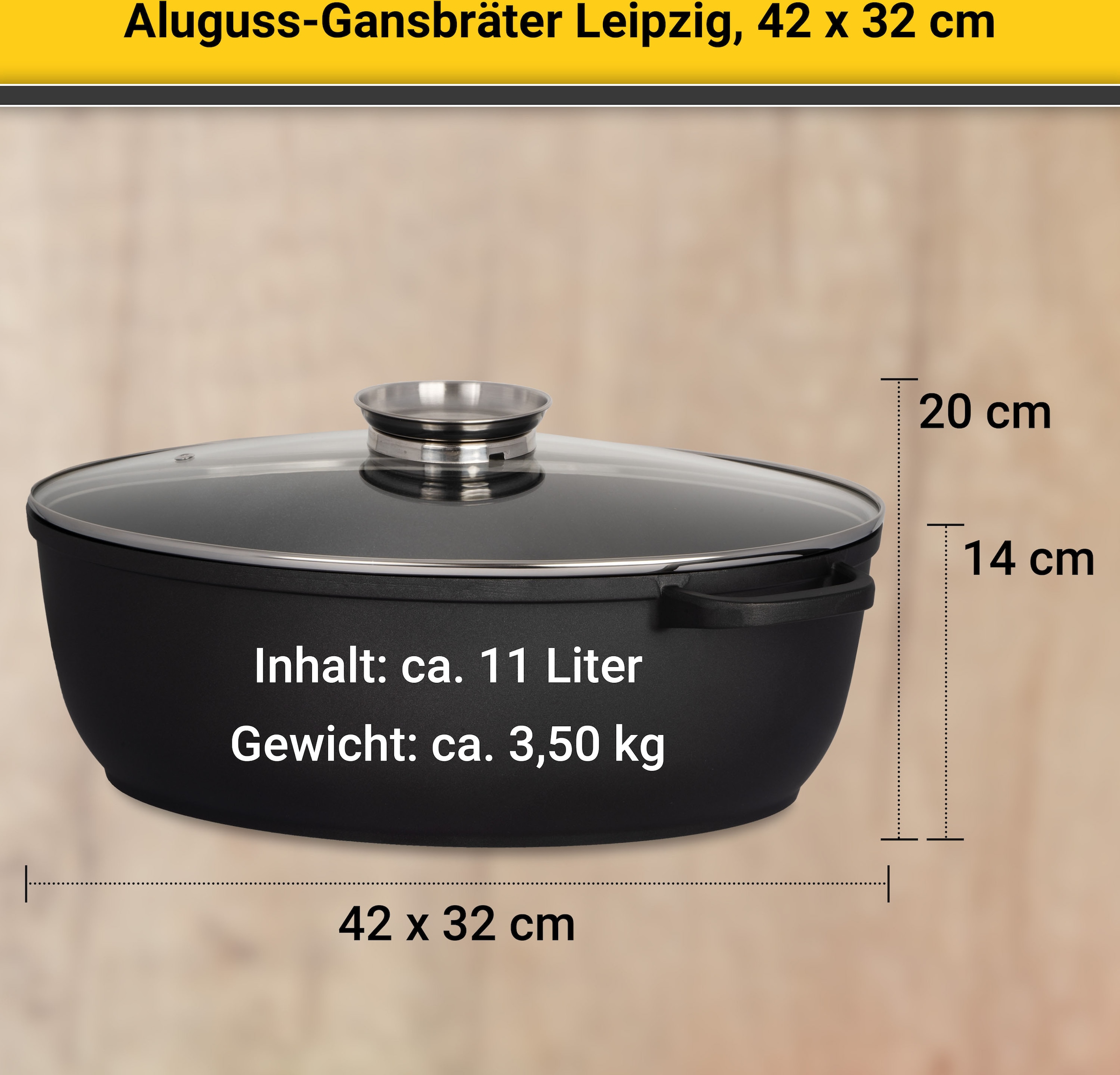 Krüger Bräter »Aluguss Gansbräter mit Glasdeckel und Aromaknopf LEIPZIG, 42x32x14 cm«, Aluminiumguss, (1 tlg.), hochwertige Antihaft-Versiegelung