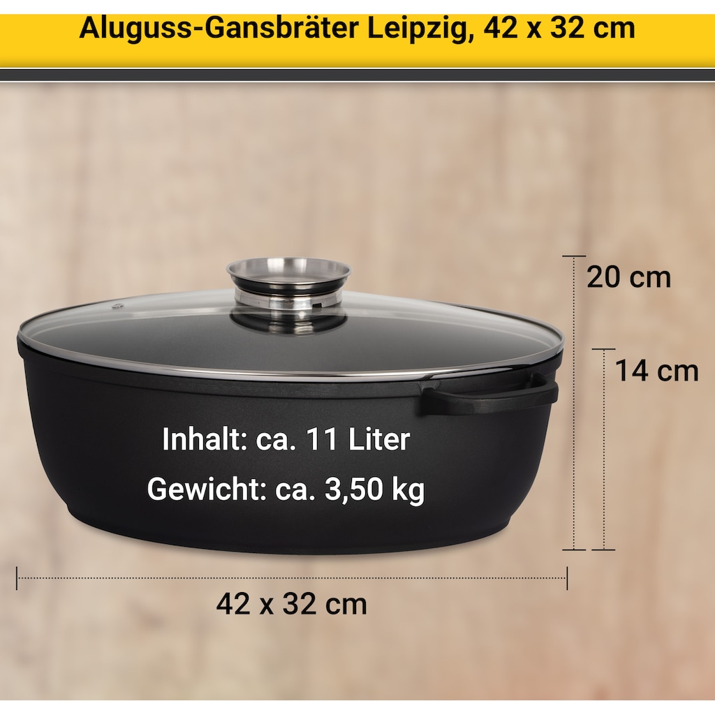 Krüger Bräter »Aluguss Gansbräter mit Glasdeckel und Aromaknopf LEIPZIG, 42x32x14 cm«, Aluminiumguss, (1 tlg.)