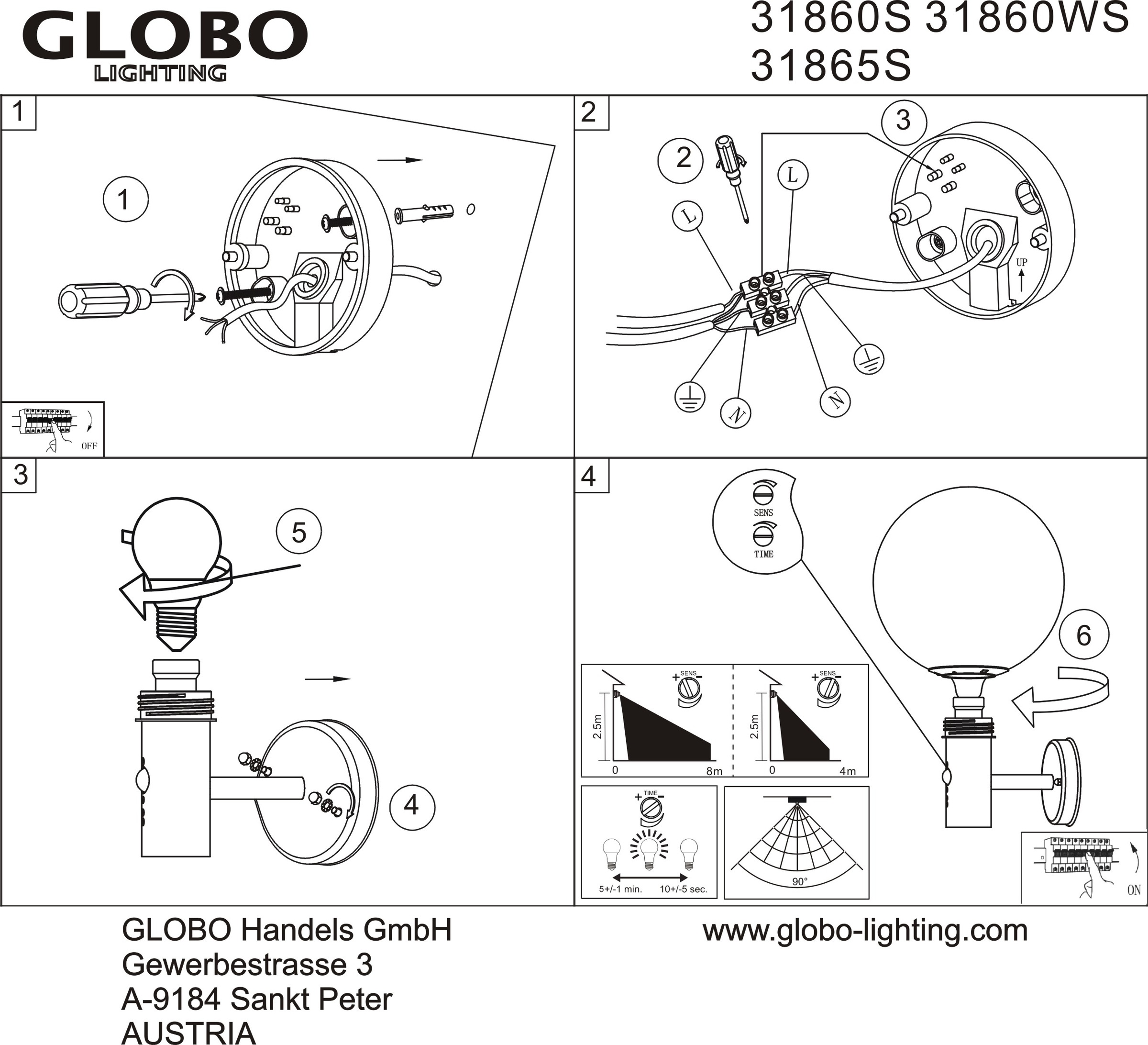 GLOBO LIGHTING Außen-Wandleuchte »HEDWIG« E27 1 Stk. Außenleuchte Edelstahl/Anthrazit, Glas, Sensor, IP44, E27