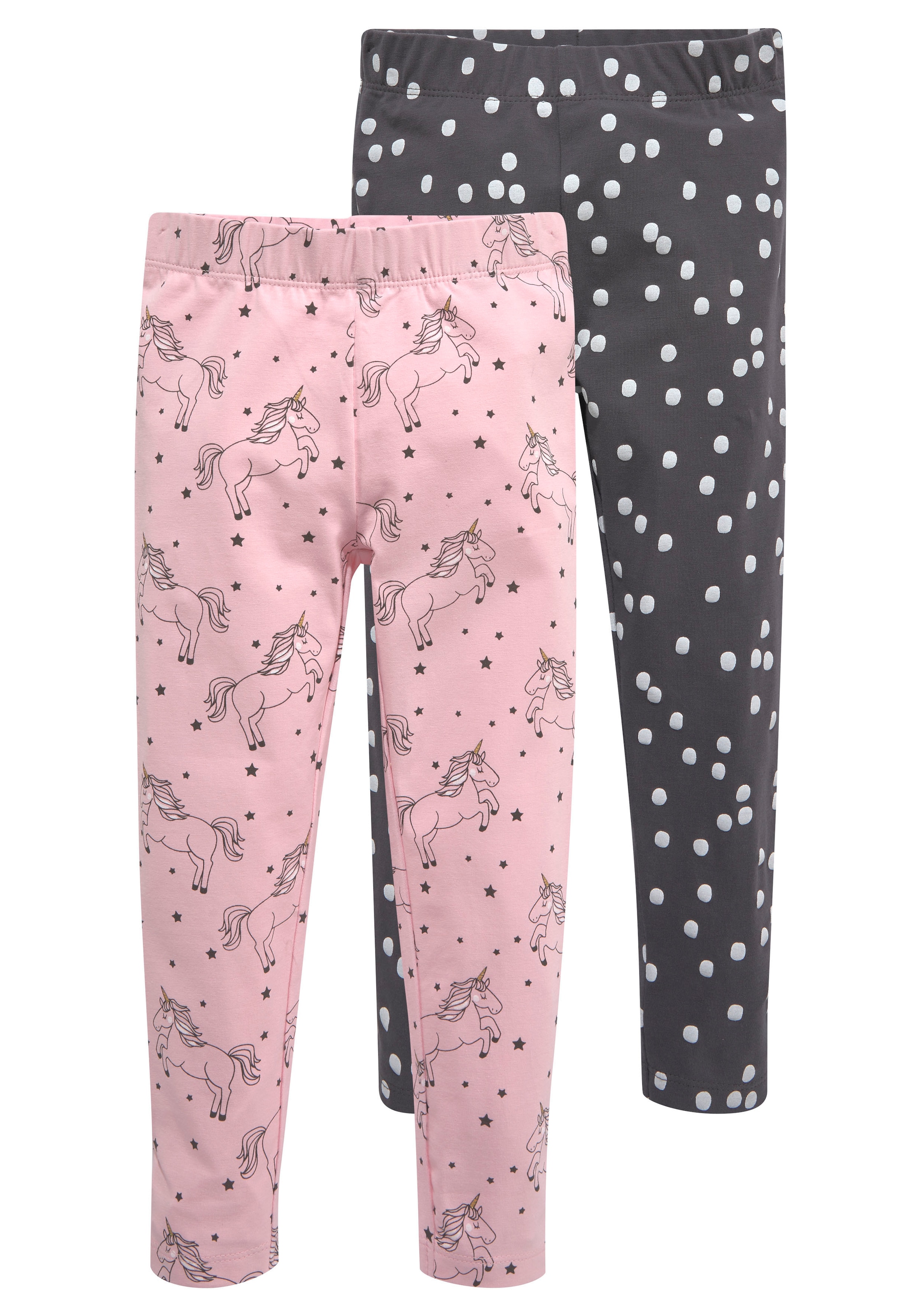 Leggings KIDSWORLD "2er Pack Leggings für kleine Mädchen", Mädchen, Gr. 92/98, N-Gr, rosa (rosa, gemustert, anthrazit, gepunktet), Jersey, Obermaterial: 95% Baumwolle, 5% Elasthan, bedruckt, gemustert, eng lang, Hosen Leggings, mit Pferde-Allover