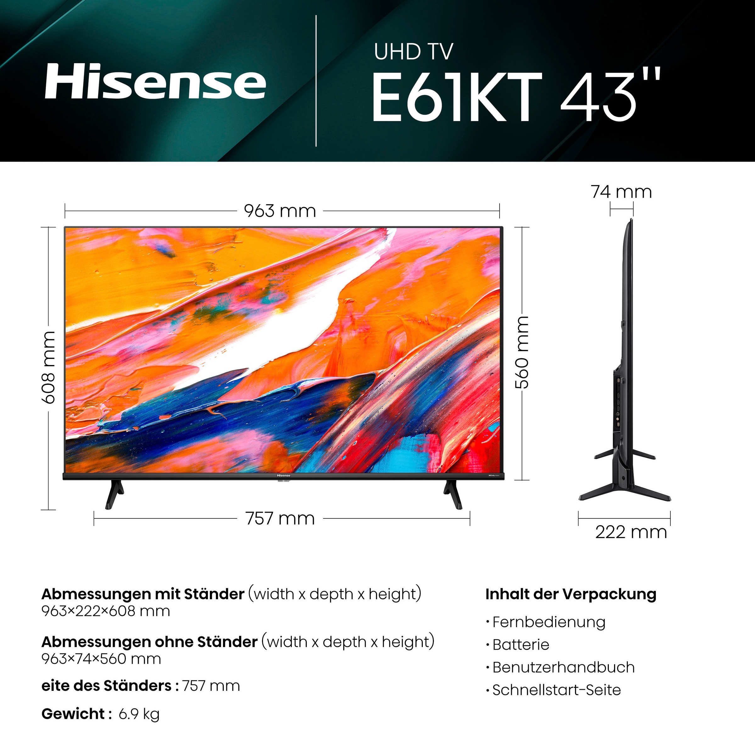 Hisense LED-Fernseher, 108 cm/43 Zoll, 4K Ultra HD, Smart-TV, Dolby Vision, Triple Tuner DVB-C/S/S2/T/T2