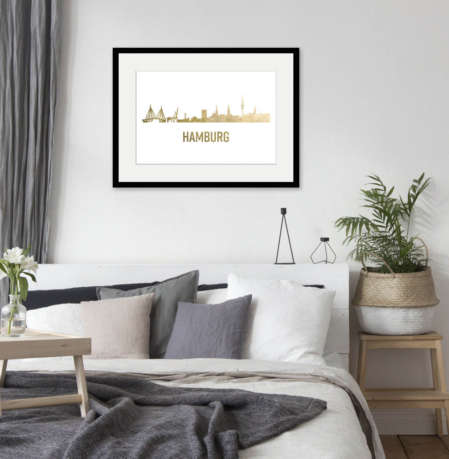 queence Bild "Hamburg Skyline GOLD" Deutschland Hamburg Schriftzug Stadt Städte 1 Stk. tlg. HD Premium Poster-Druck inkl. Holzrahmen
