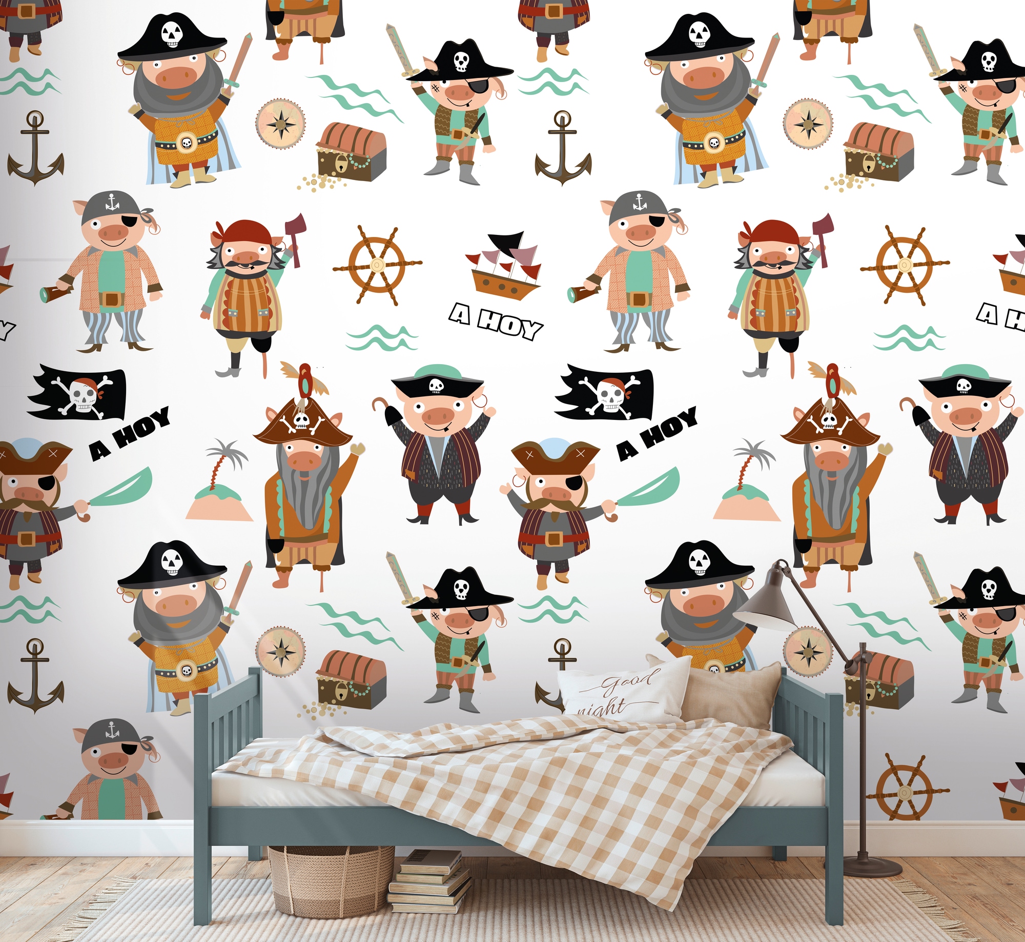 living walls Fototapete "Kinderzimmertapete Piraten" gemustert matt neutral glatt Fototapete Jungenzimmer Tapeten Kinderzimmer Schlafzimmer Design Optik