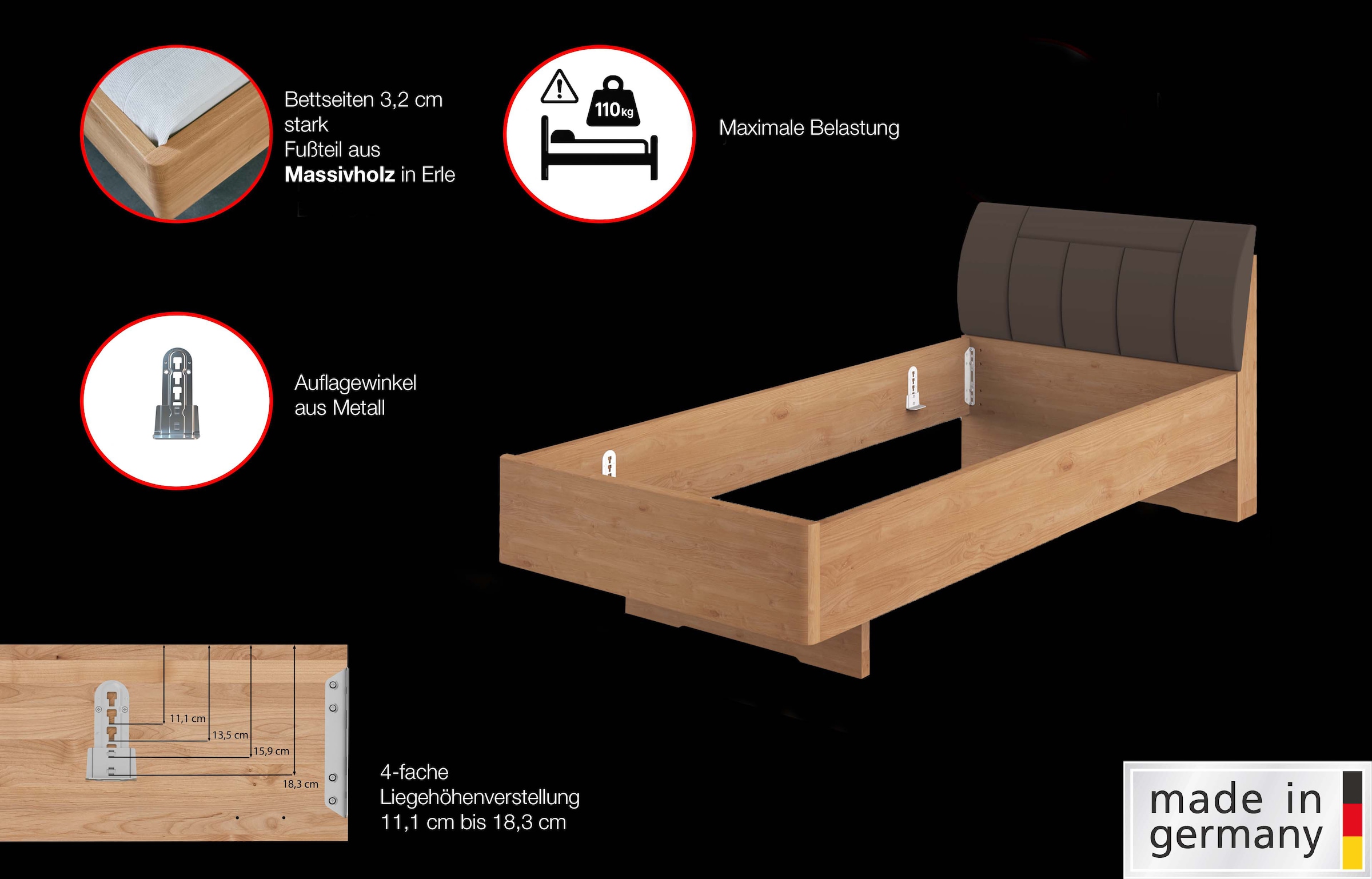 WIEMANN Holzbett »Cardiff, Bettgestell, Bettrahmen, teilmassiv, mit Polsterkopfteil« Belastbarkeit 110/220 Kg, 4-fache höhenverstellbar, MADE IN GERMANY,  Fußteil aus Massivholz, verschiedene Größen