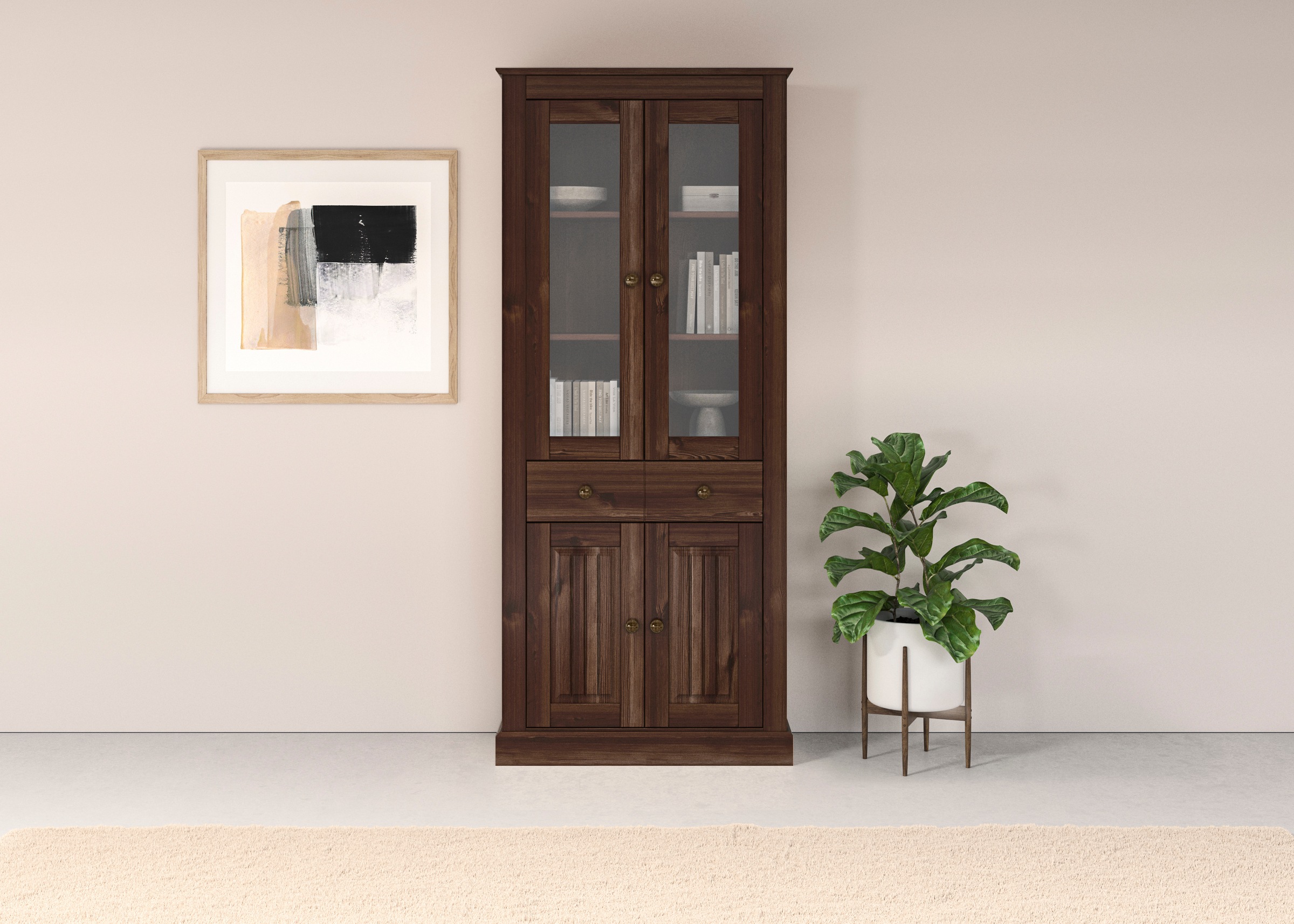 Vitrine OTTO HOME, B:77cm H:181cm T:31cm, braun, Massivholz, Wohnzimmer, Schränke, "Liotta", Mit 2 Glastüren und 1 Schublade