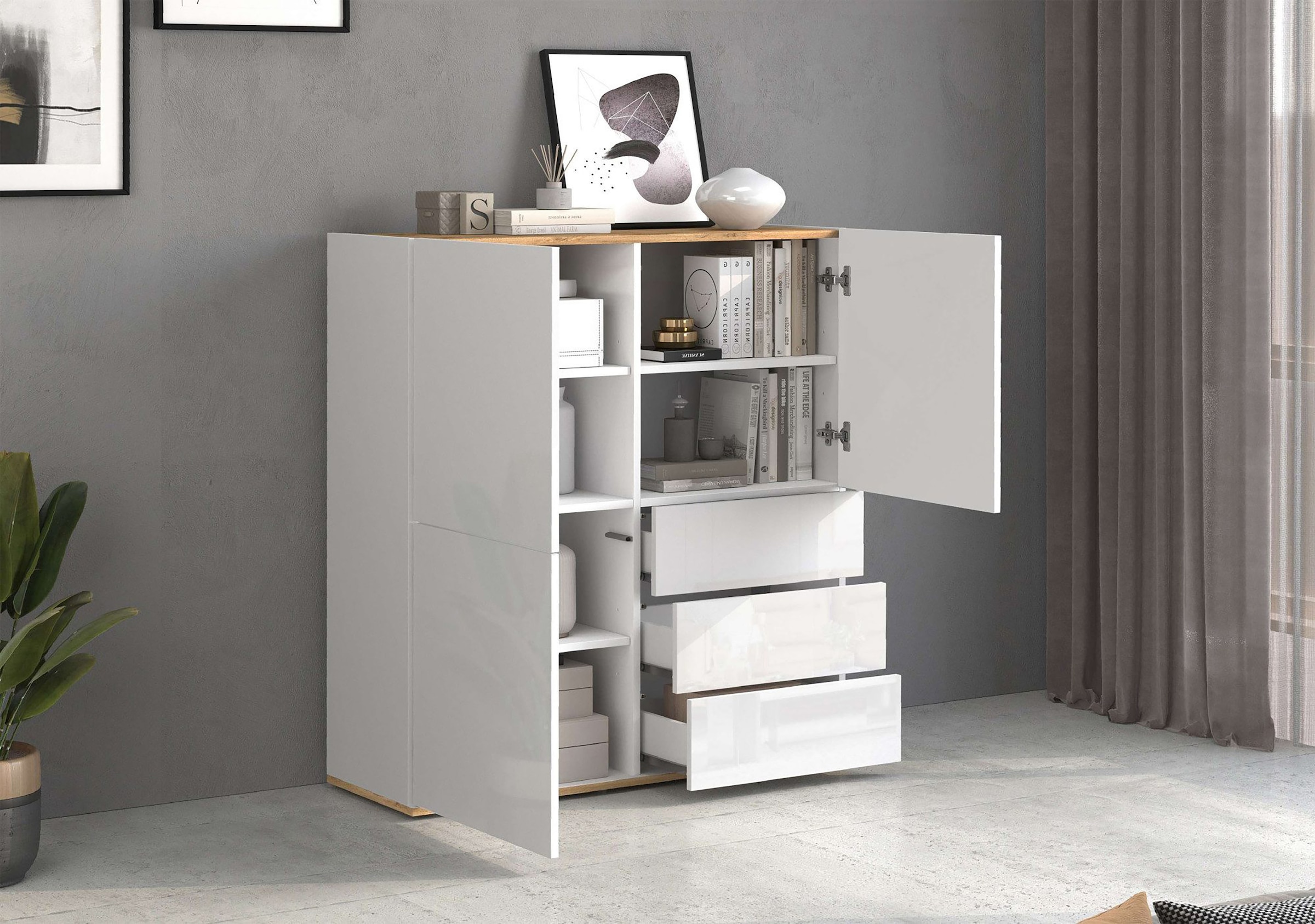 INOSIGN Highboard »GARDA Highboard, Kommode, Schrank, Grifflos mit Push to Open«, (1 St.), 3 Türen, 3 Schubladen, grifflos Breite 102 cm