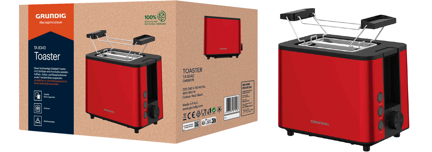 Grundig Toaster »TA 8340«, 2 kurze Schlitze, 950 W, inkl. Brötchenaufsatz