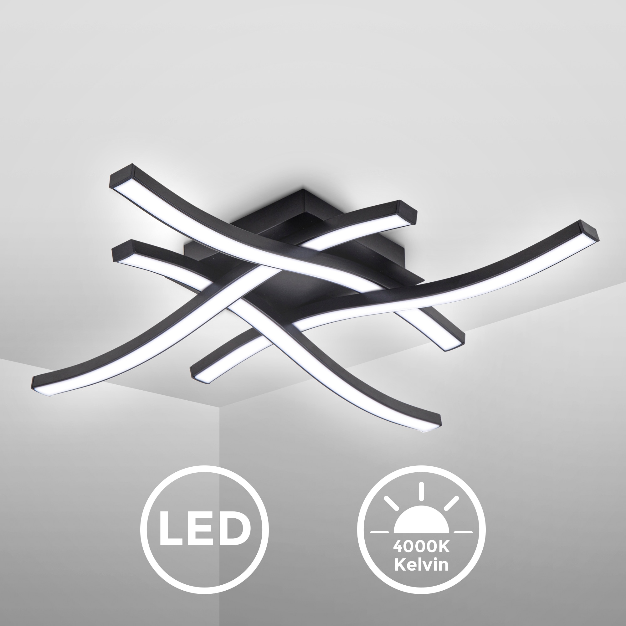 B.K.Licht LED Deckenleuchte »BK_DL1431 LED-Deckenlampe, Neutralweißes Licht, Schwarz, Wellenförmig«, 1 flammig, Leuchtmittel LED-Modul | LED fest integriert, 4-Flammig, 4.000K, 20W, 2.000 Lm, 425x425x70 mm
