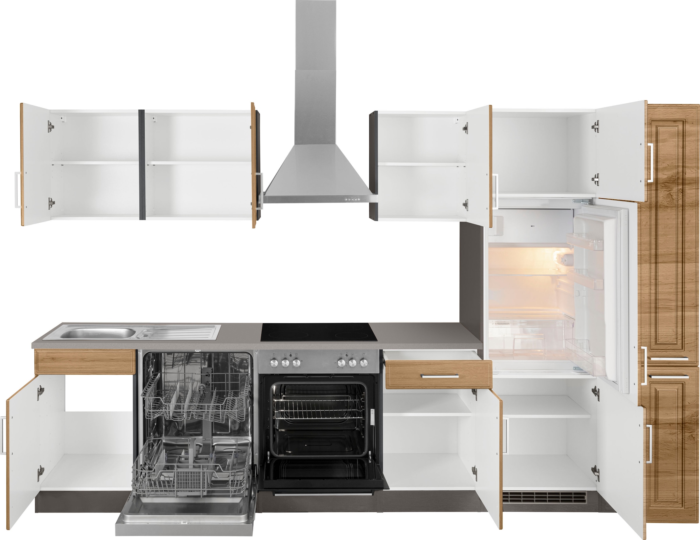 KOCHSTATION Küchenzeile »KS-Stockholm«, Breite 310 cm, mit hochwertigen MDF Fronten im Landhaus-Stil