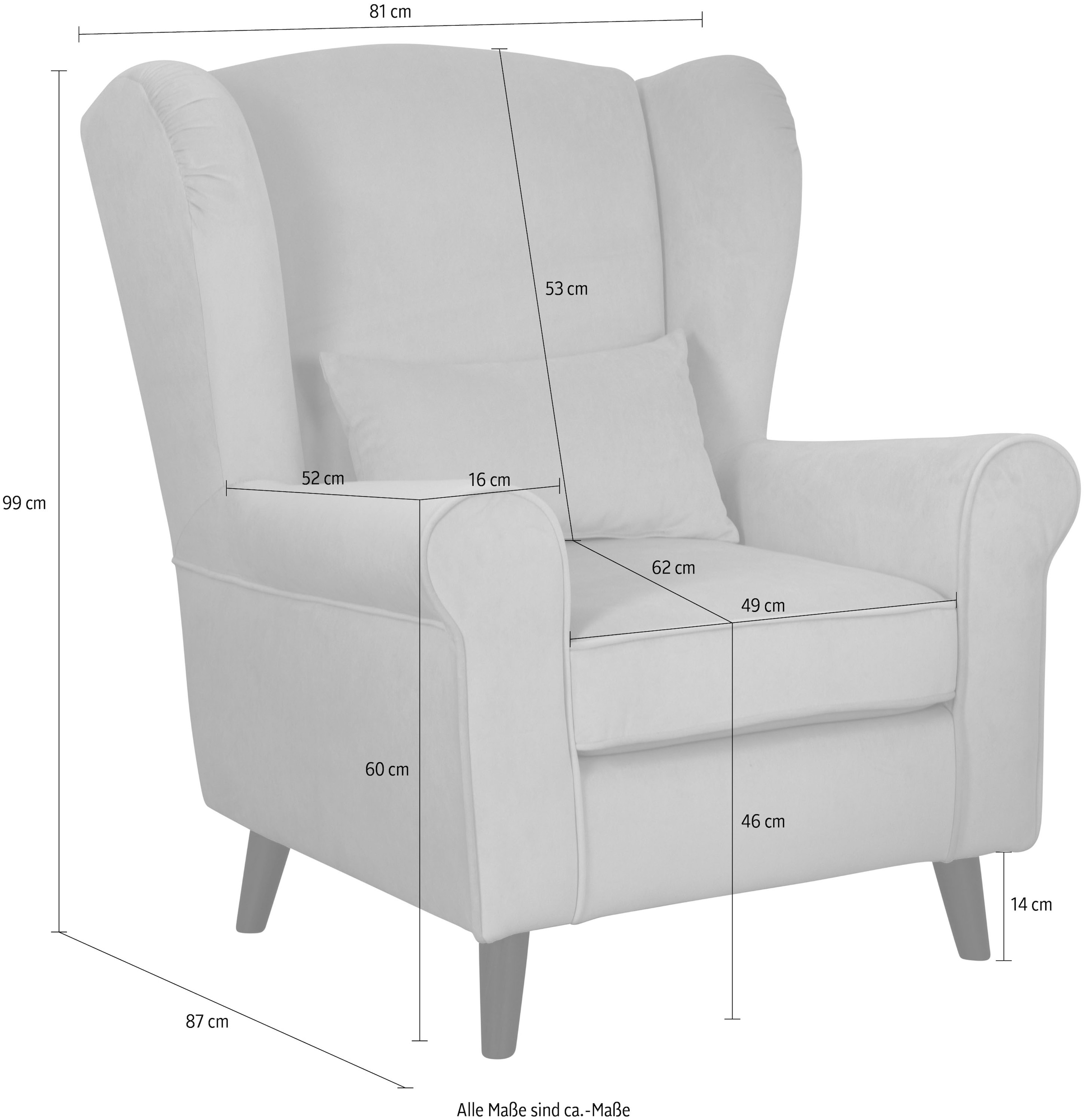 Home affaire Sessel »Ohrensessel CHISTELLE, wahlweise mit Polsterhocker« mit Wellenunterfederung, Maße: B/T/H: 81/87/99 cm