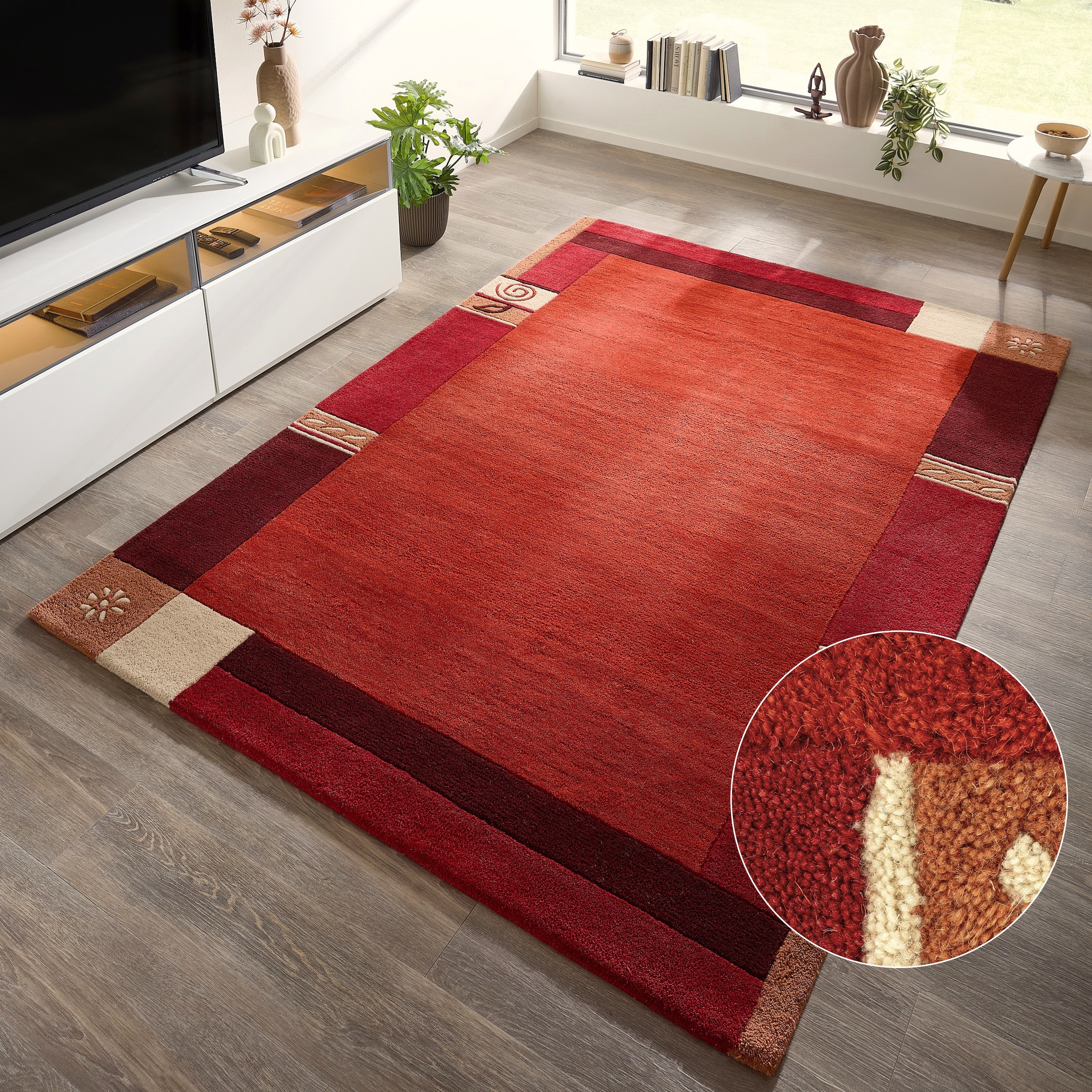 THEKO Wollteppich »Tromso, Wolle, Handgefertigt, Bordüre mit Hoch-Tief-Effekt« rechteckig 15 mm Höhe Wohnzimmer, Schlafzimmer, Esszimmer