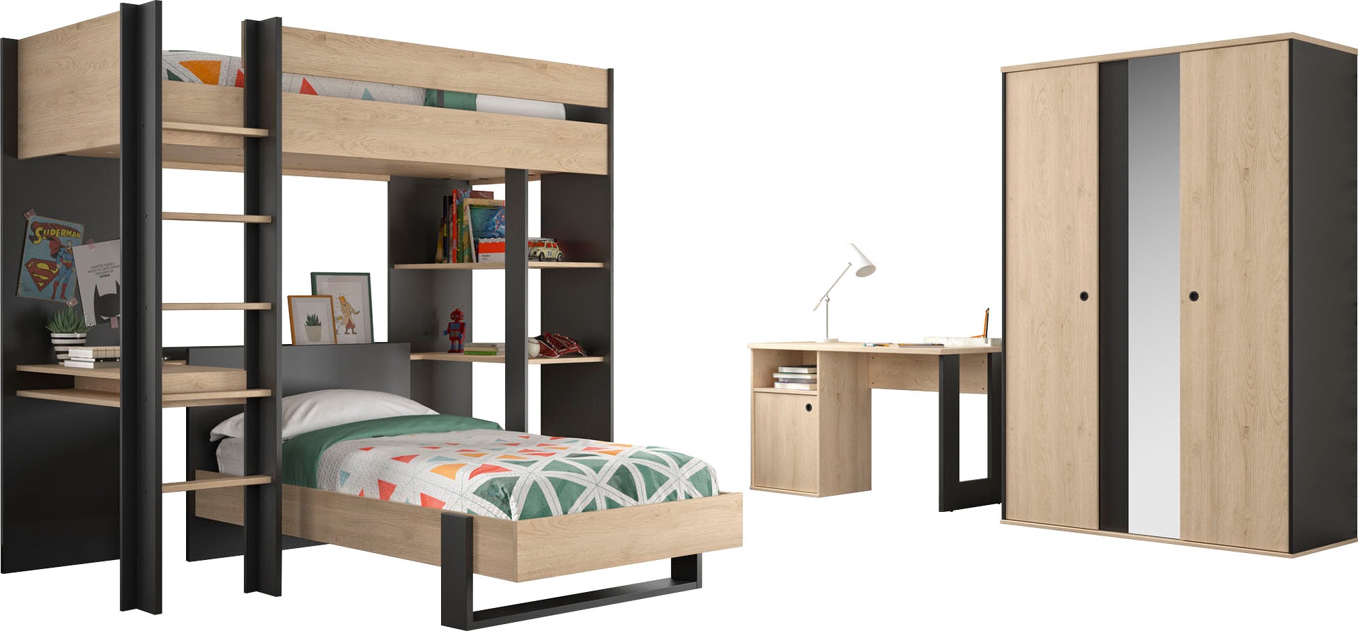 Gami Jugendzimmer-Set "Duplex" Bett, Kleiderschrank, Schreibtisch, Hochbett günstig online kaufen
