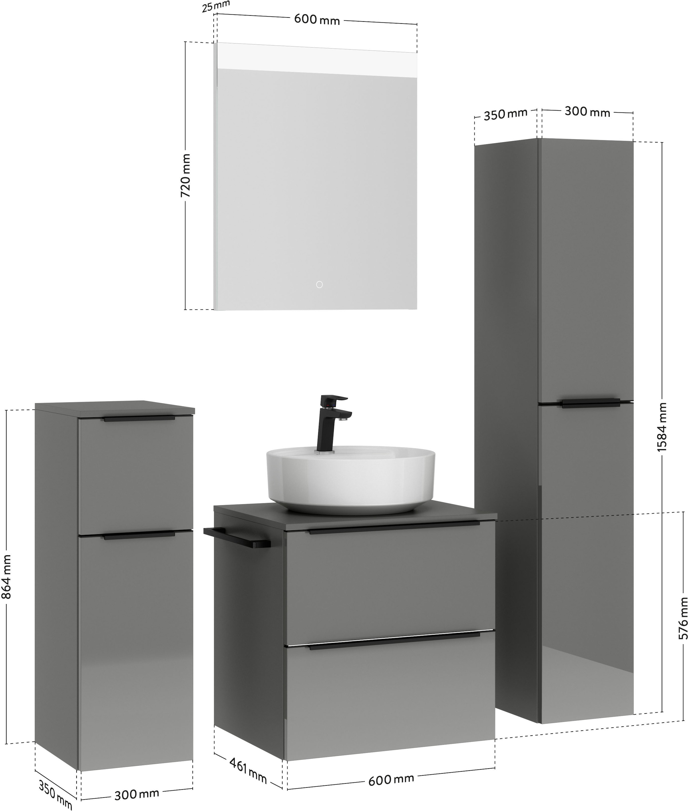 nobilia® Badmöbel-Set »Alvene«, (4 St., vormontiert, mit Soft-Close), Hochglanz, inkl. Spiegel mit Touch-Sensor, in vier Breiten