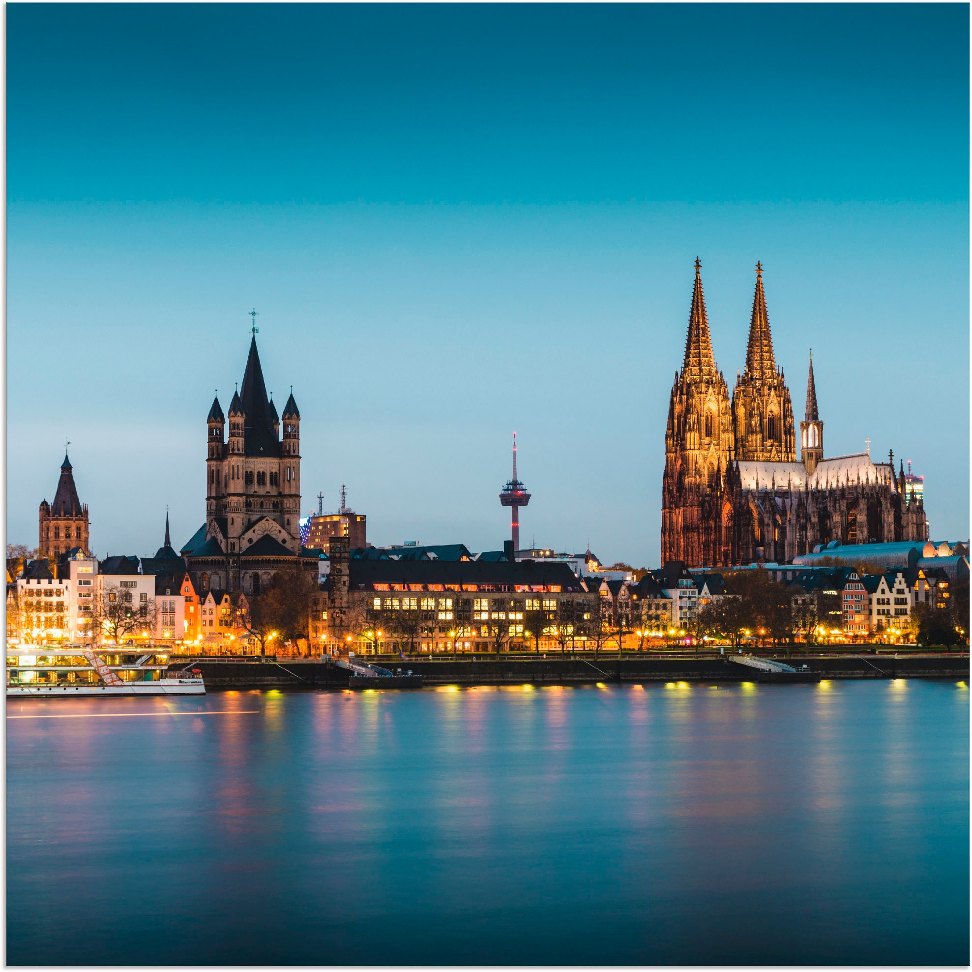 Alu-Dibond-Druck ARTLAND, B:40cm H:40cm, blau, Bilder, "Köln Rheinpromenade", für Innen- und Außenbereich geeignet, Outdoorbild