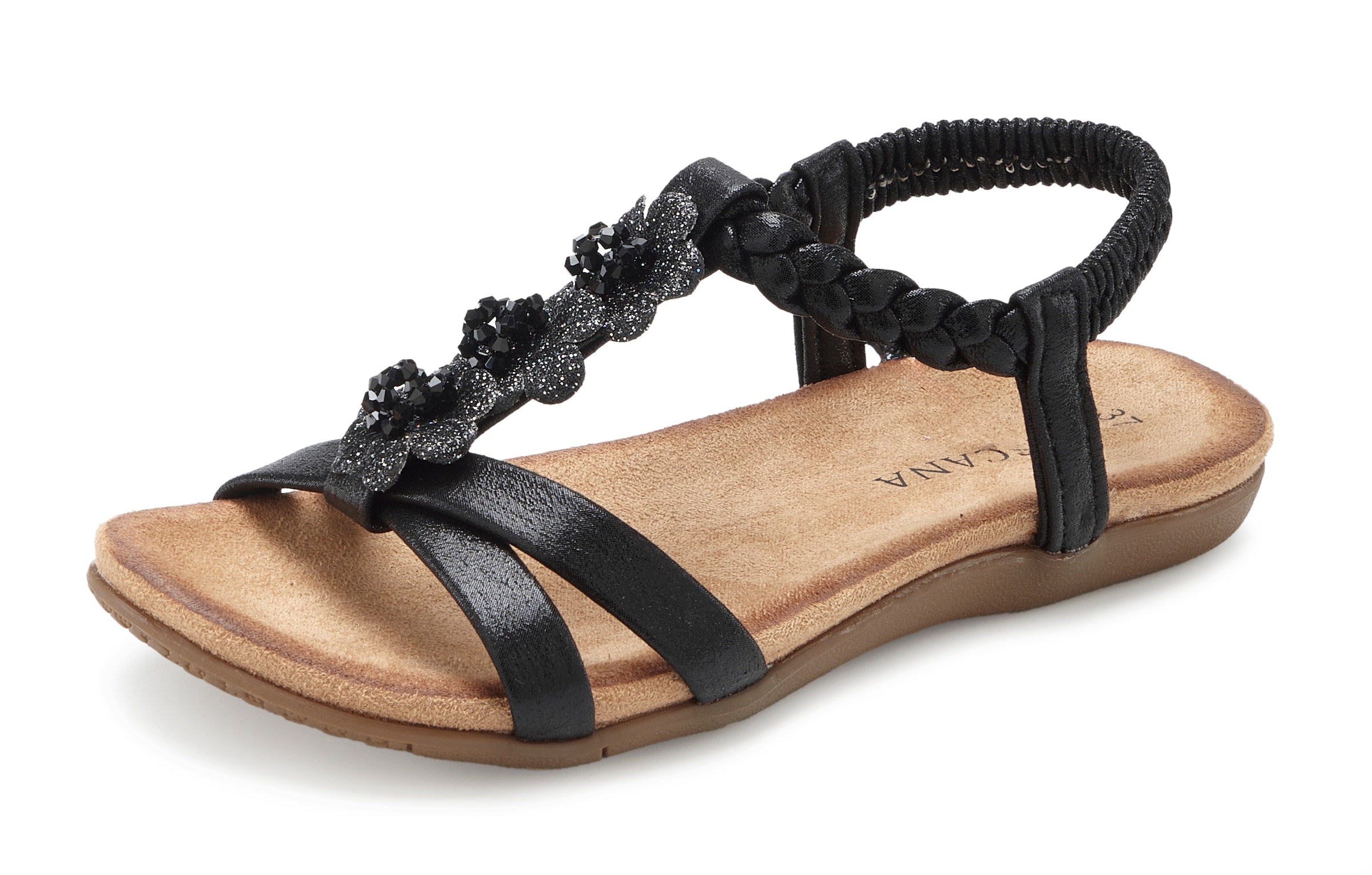LASCANA Sandale »Sommerschuh, Sandalette, offener Schuh,«  mit eleganten Schmucksteinchen und elastischem Riemchen