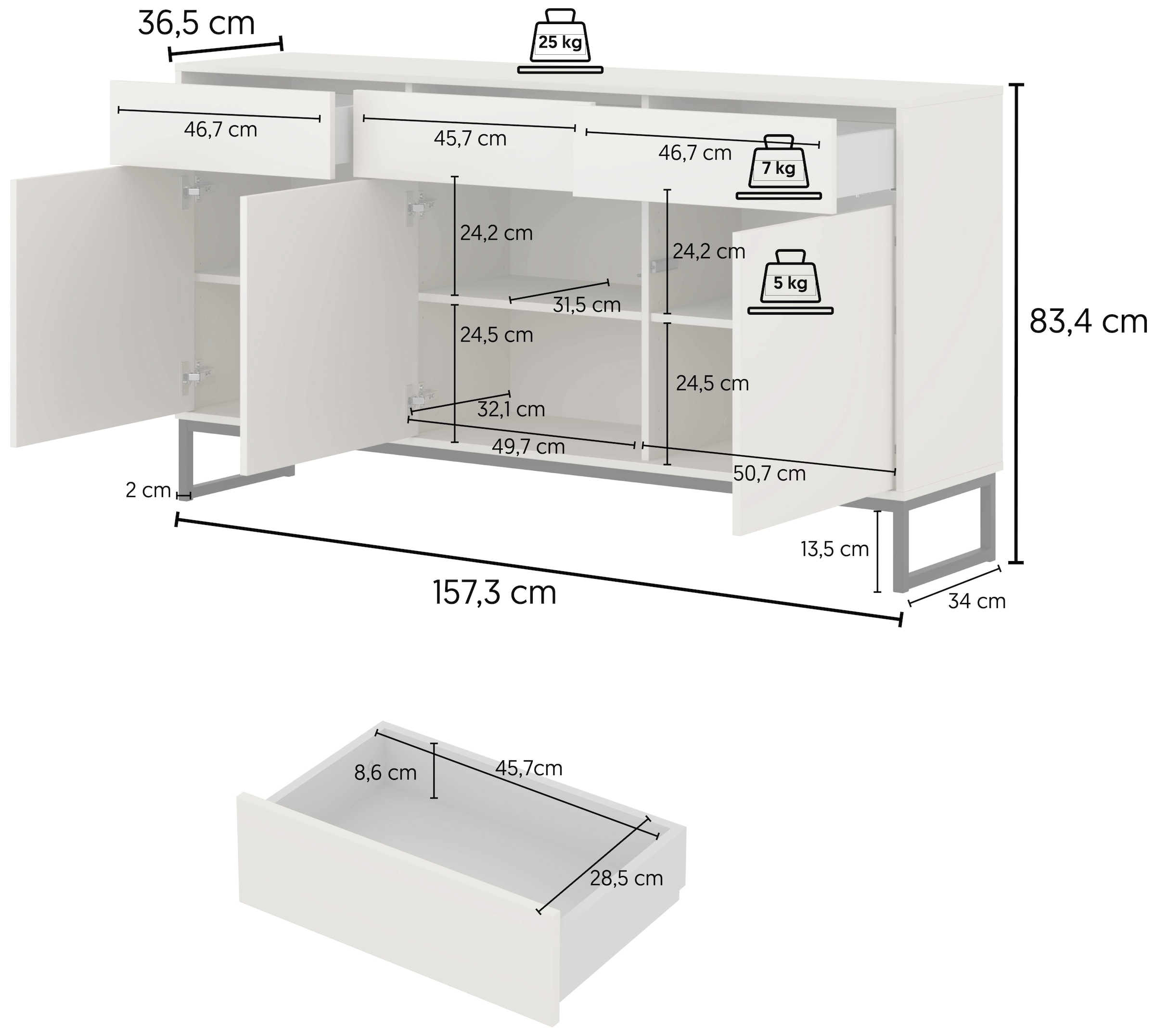 OTTO home Sideboard »Olbia, Breite 157 cm, grifflose Kommode 3 Türen/3 Schubkästen.« Schubladenkommode mit viel Stauraum, Einlegeböden verstellbar