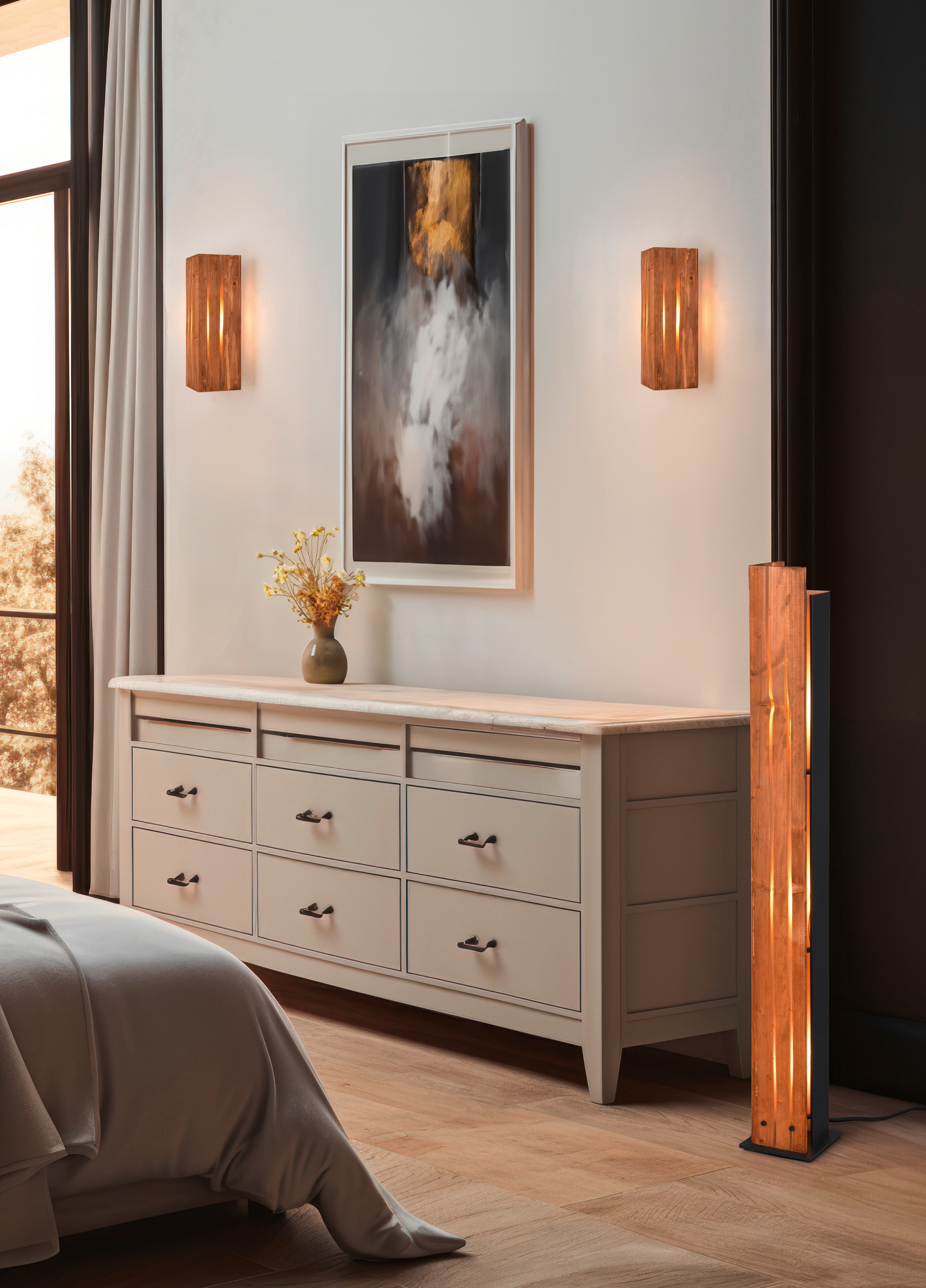 TRIO Leuchten Stehlampe »KARUNI, Stehleuchte aus Metall + Holz naturbelassen, indirektes Licht« E27 1 Stk. warmweiß - kaltweiß exkl 3x E27 max 10W, Höhe 121 cm Holz Stehleuchte Wohnzimmer