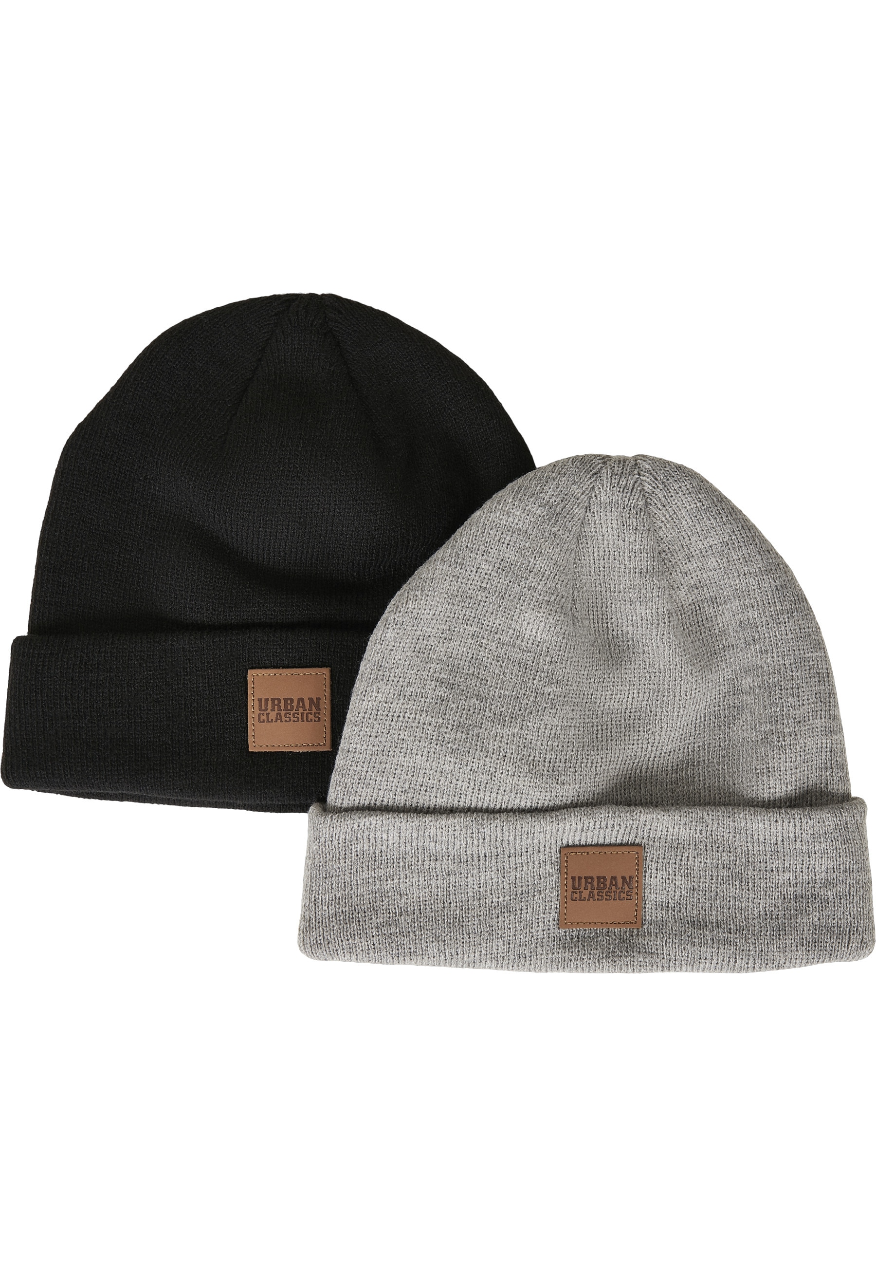 URBAN CLASSICS Kinder Beanie "Urban Classics Damen Logopatch Beanie Kids 2-Pack"schwarz grau, Gr. 122, Kunstfaser, Mützen
