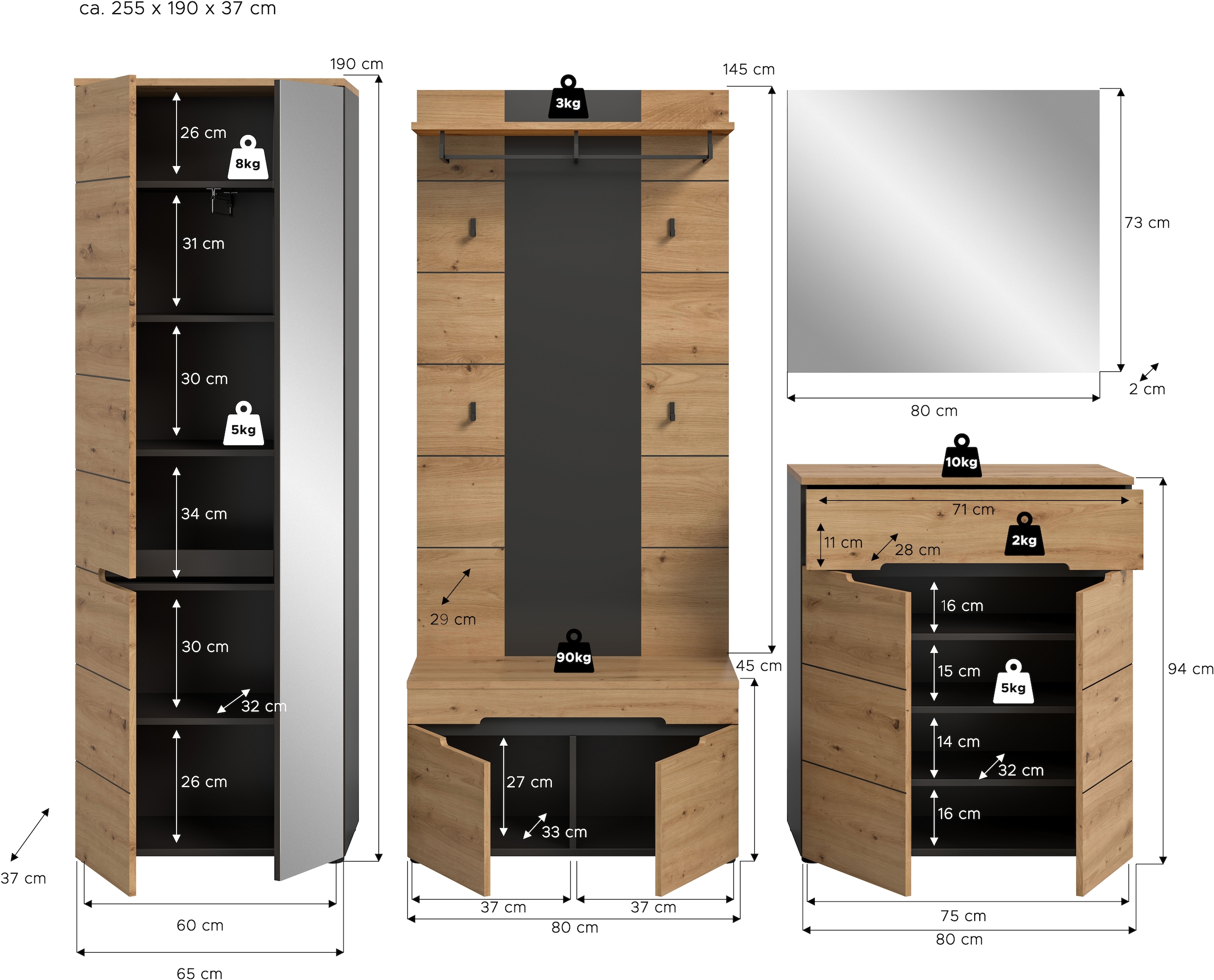 INOSIGN Garderoben-Set, (Set, 5 St., bestehend aus: Garderobenschrank, Sitzbank, Paneel, Spiegel, Kommode), Garderobenkombination, Kombination, Set, Flurgarderobe, Diele