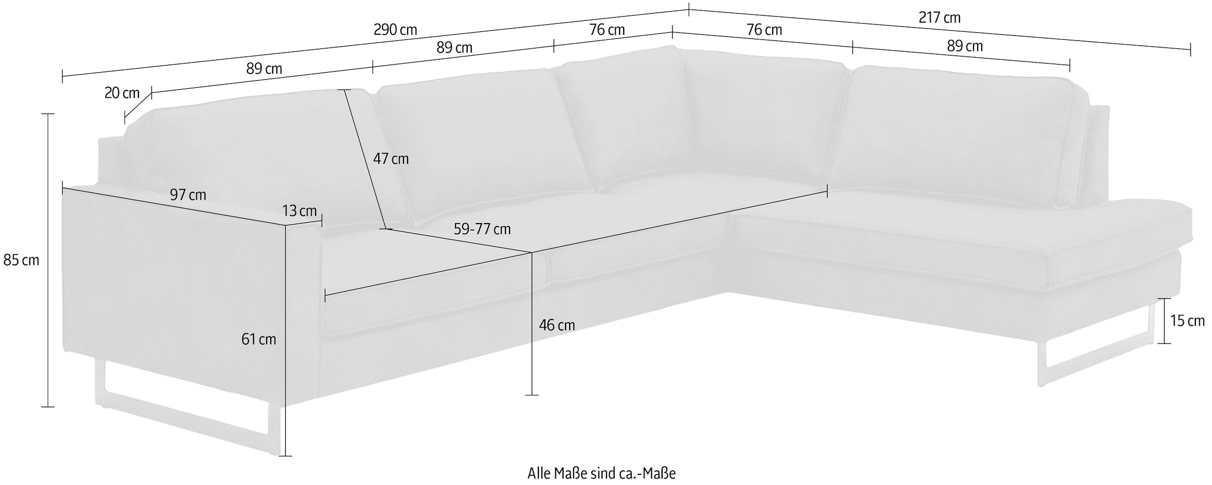 OTTO home Ecksofa »Pinto, 290 cm, Cord, Chenille, Lederoptik, Ottomane links / rechts« mit Keder, schwarze Metallfüße, Wellenunterfederung