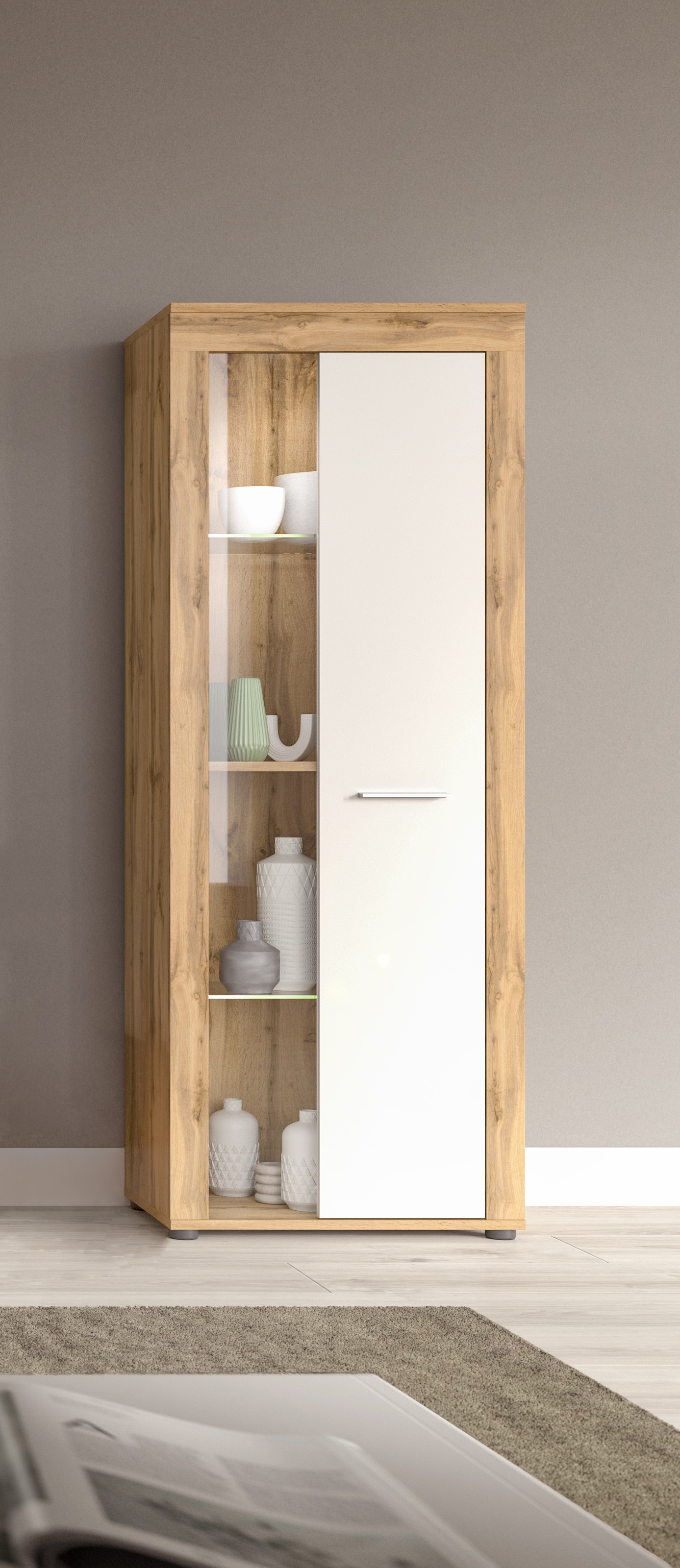 OTTO home Vitrine "AOSTA, Höhe 159 cm, 1 Tür (li/re), 2 Glasböden, 4 Fächer" in verschiedenen Farbausführungen, individuell kombinierbar, Standvitrine, Glasvitrine, Showcase, Vitrinenschrank, Wohnzimmer