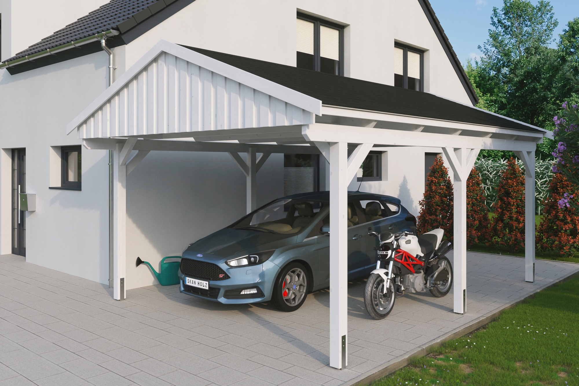 Skanholz Einzelcarport "Fichtelberg" Massivholz weiß mit schwarzen Schindeln