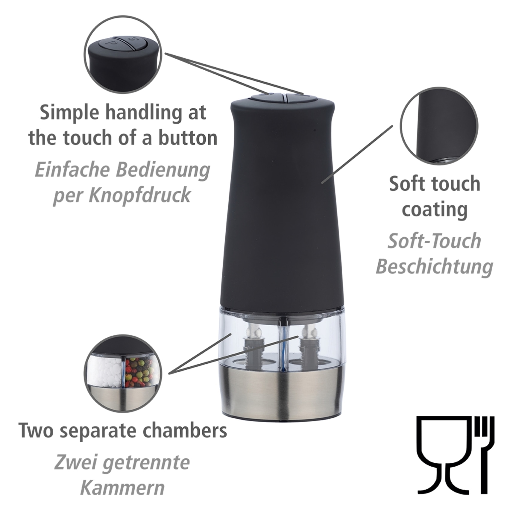 WENKO Salz-/Pfeffermühle »Modell 2in1«, batteriebetriebene Gewürzmühle, Keramik-Mahlwerk, mit Beleuchtung