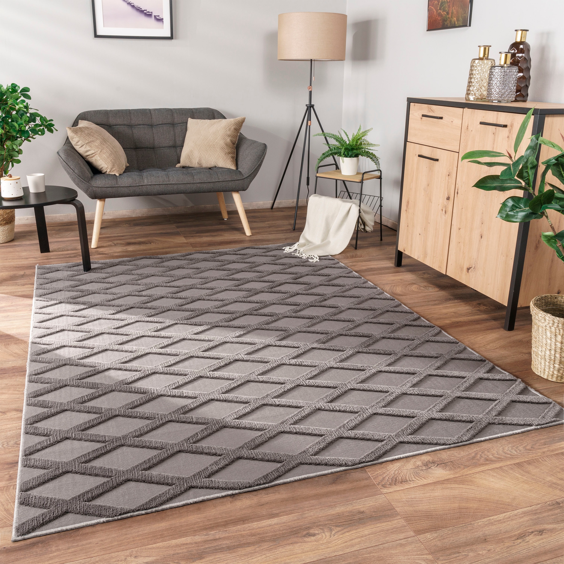 Paco Home Teppich »Utrecht 642«, rechteckig, 4 mm Höhe, Kurzflor, Uni Farben, 3D-Design, Rauten Muster, Hoch-Tief Effekt