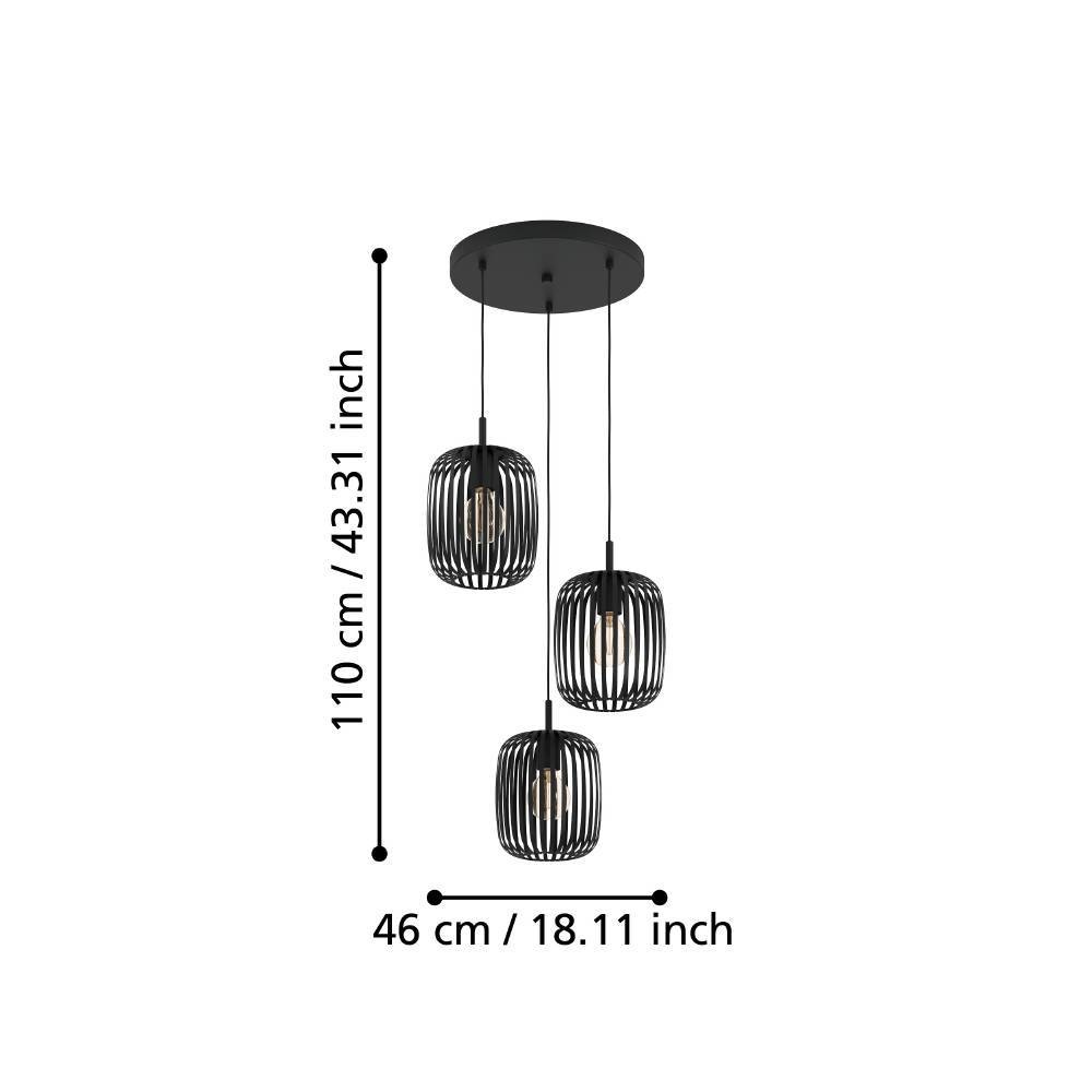 EGLO Hängeleuchte »ROMAZZINA«, 3 flammig-flammig, Pendelleuchte, Hängeleuchte aus Metall in Schwarz, E27 Fassung, Ø 46cm