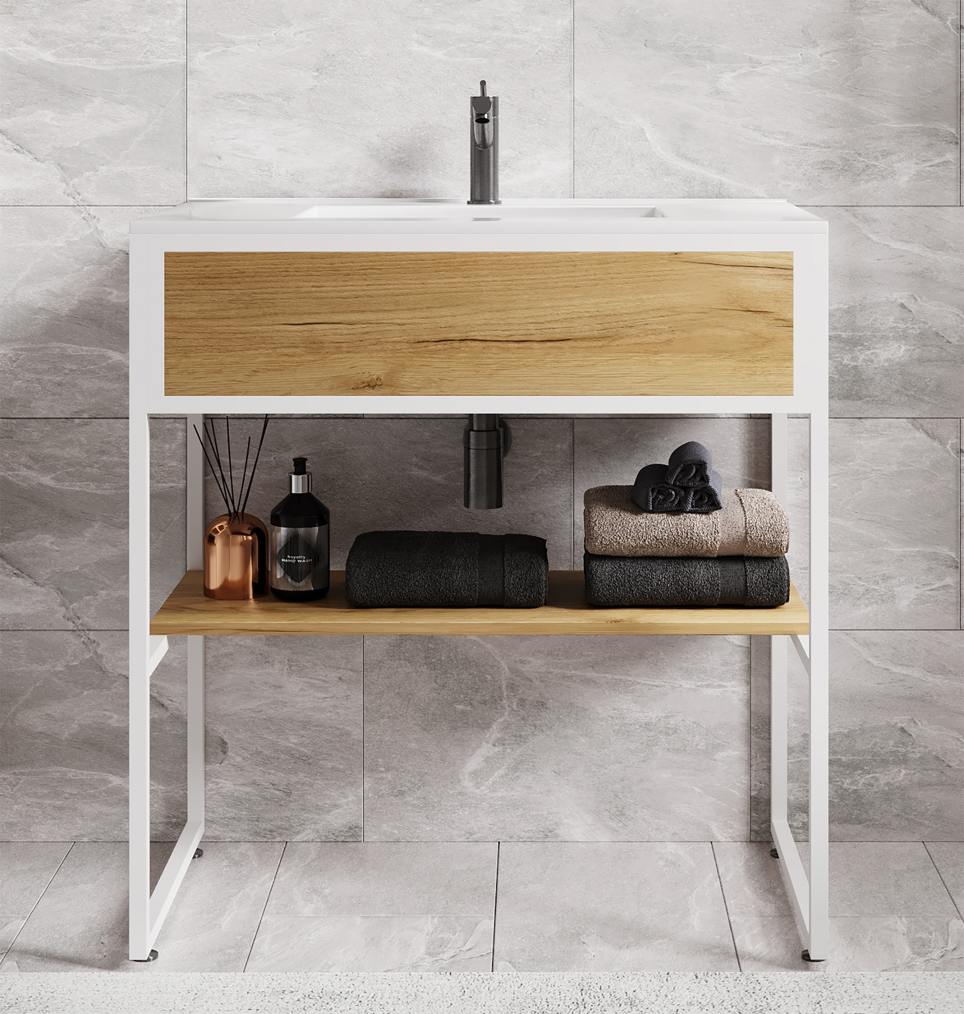 VCM Waschbeckenunterschrank »VCM 2-tlg. Waschplatz Waschtisch Badmöbel Set Waschbecken Holz Metall Industrial Style Bitila 80« 2 Stk. tlg.