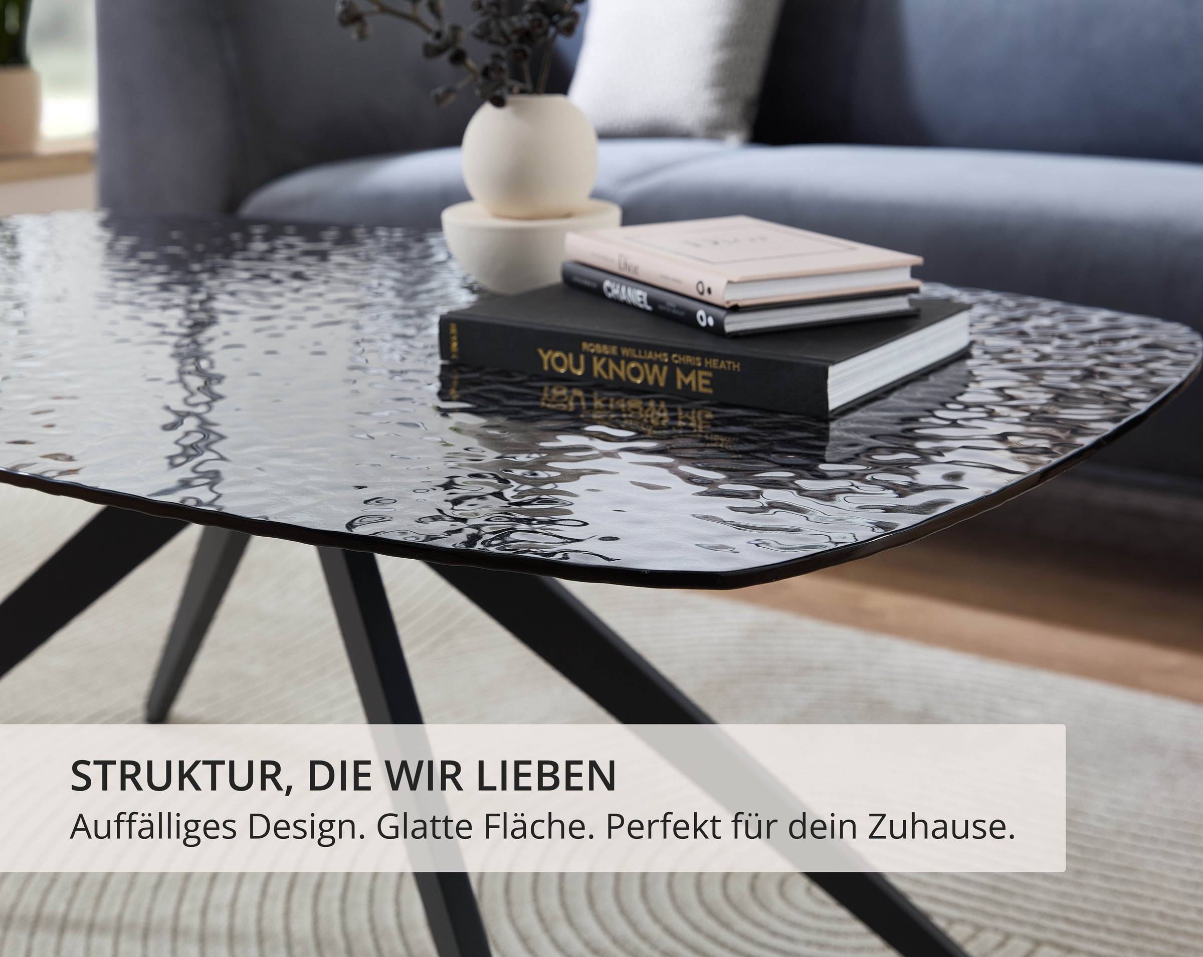 Stolkom Couchtisch »Elias Glastisch schwarz, Wohnzimmertisch BxHxT 110x44x70 cm«, Sicherheitsglas Bruchsicher, Glasplatte Wasserwelle schwarz getönt