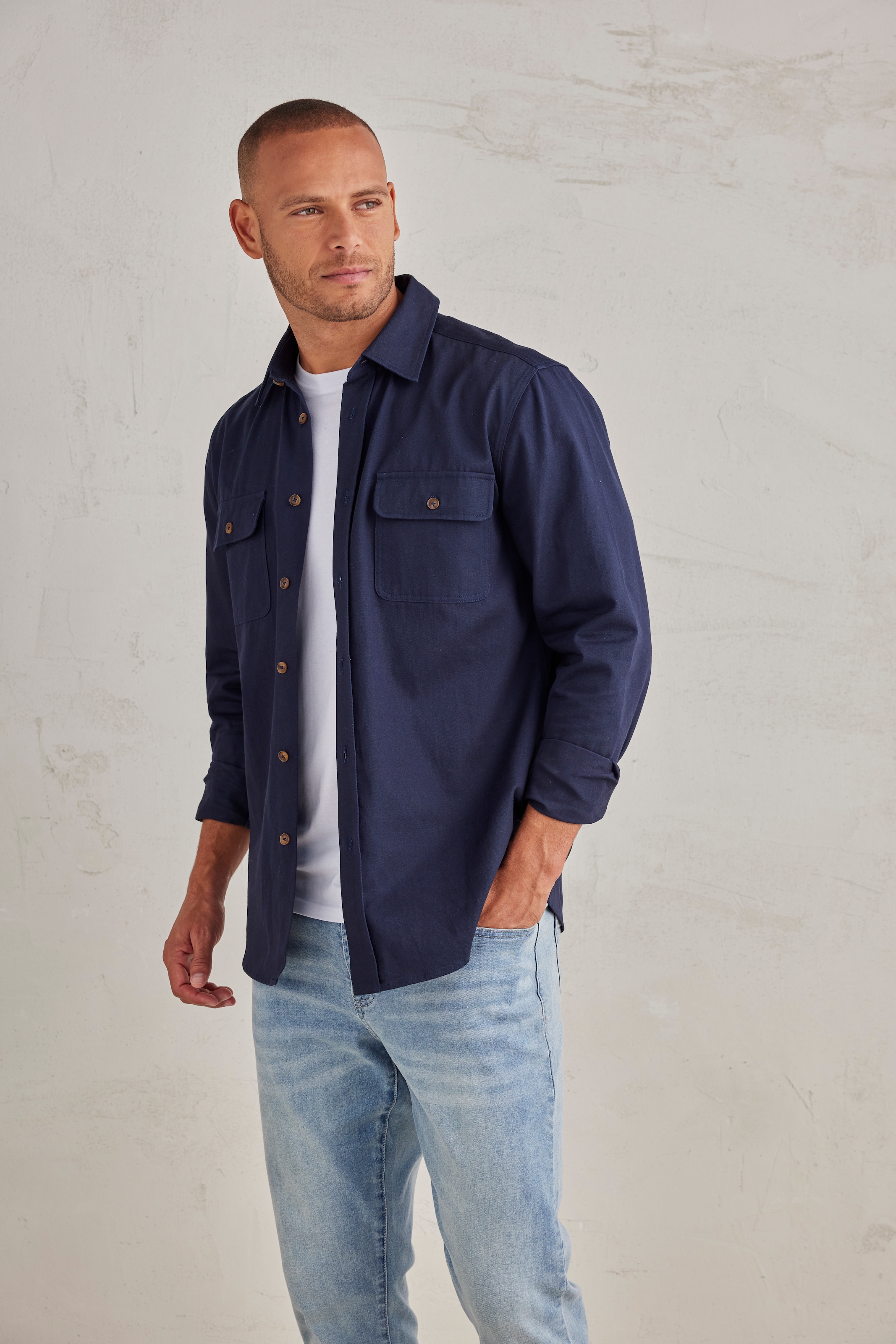 John Devin Langarmhemd, Overshirt aus reiner Baumwolle, mit aufgesetzten Ta günstig online kaufen