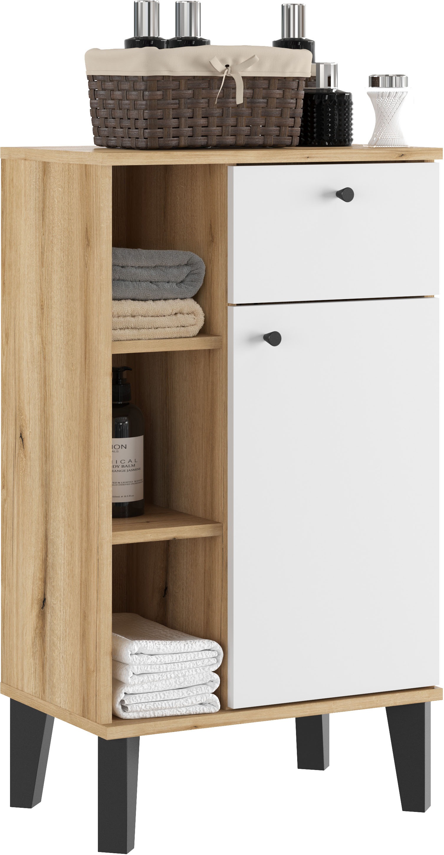INOSIGN Midischrank »Oslo, Badschrank mit Knopfgriff, Schrank im skandinavischen Design«, in der Türfarbe Weiß oder Grau verfügbar, ausreichend Stauraum
