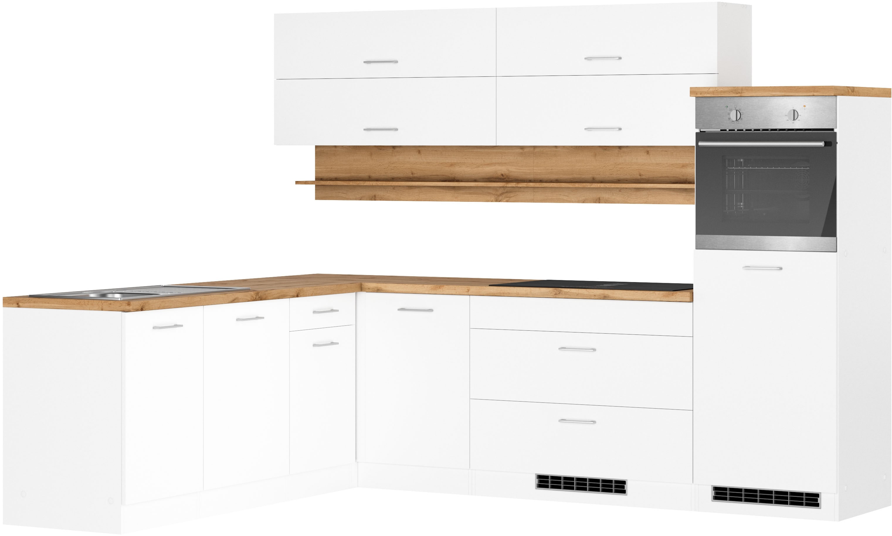 KOCHSTATION Winkelküche "KS-Milan, optional mit Muldenlüfter" Stellbr.270/220 cm, wahlweise mit E-Geräten, Kochfeld mit Dunstabzug