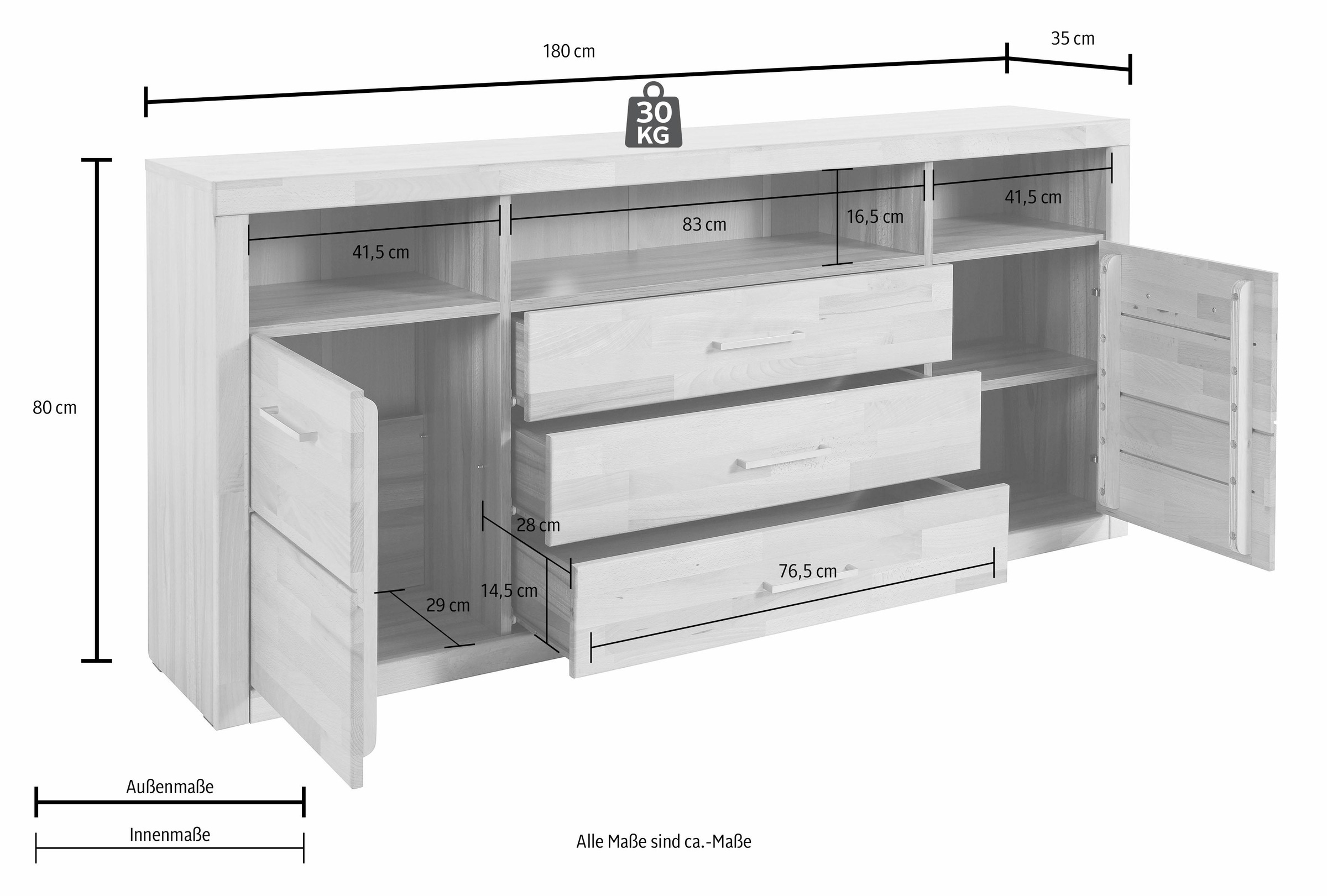 Home affaire Sideboard "Ribe,180cm breit, Fronten Massivholz,7 Fächer", Hol günstig online kaufen