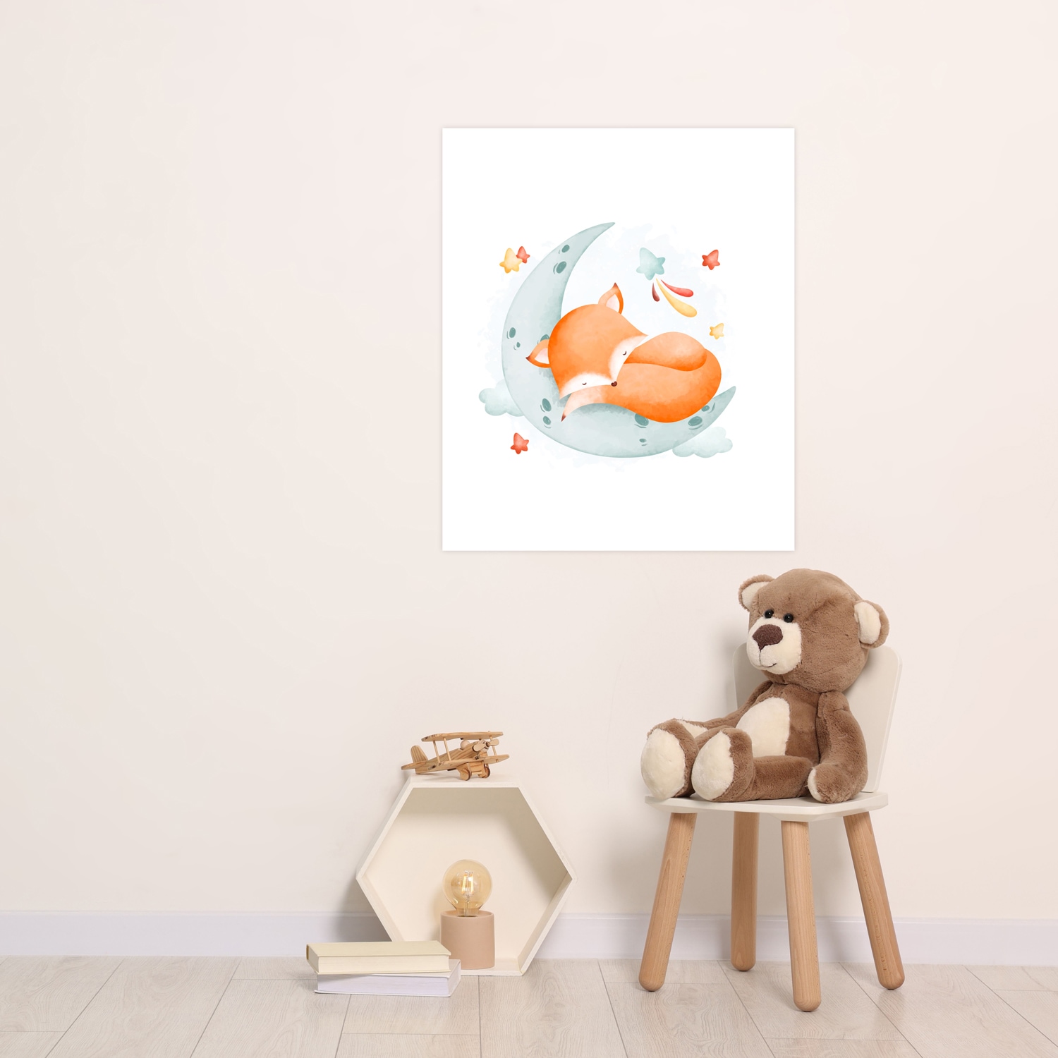 Lüttenhütt Bild mit Rahmen "oder Poster, Schlafender Fuchs auf Mond mit Sternen" Fantasy Füchse Tiere 1 Stk. tlg. HD Premium Druck
