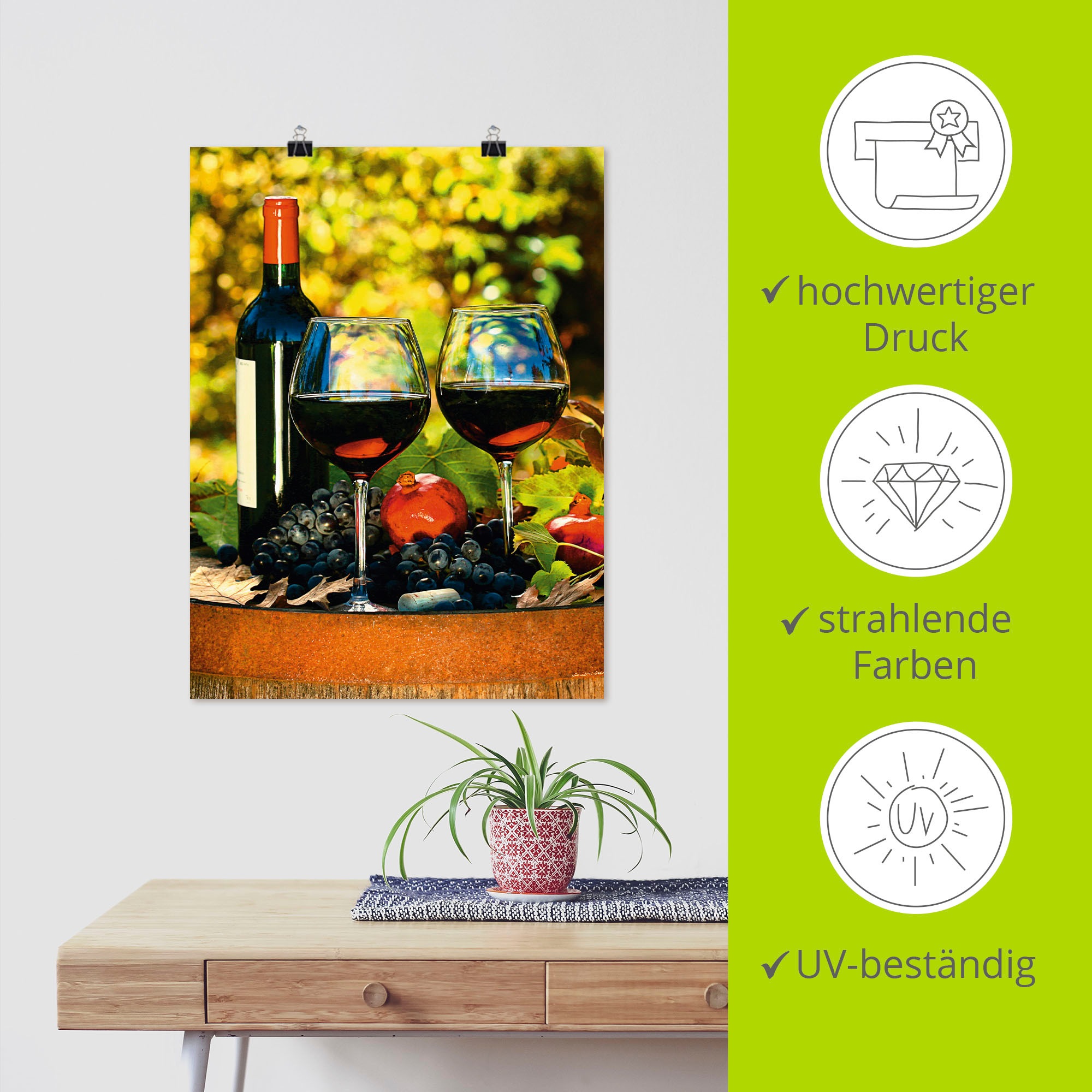 Artland Wandbild »Gläser Rotwein auf altem Fass«, Getränke, (1 St.), als Poster, Wandaufkleber in verschied. Größen