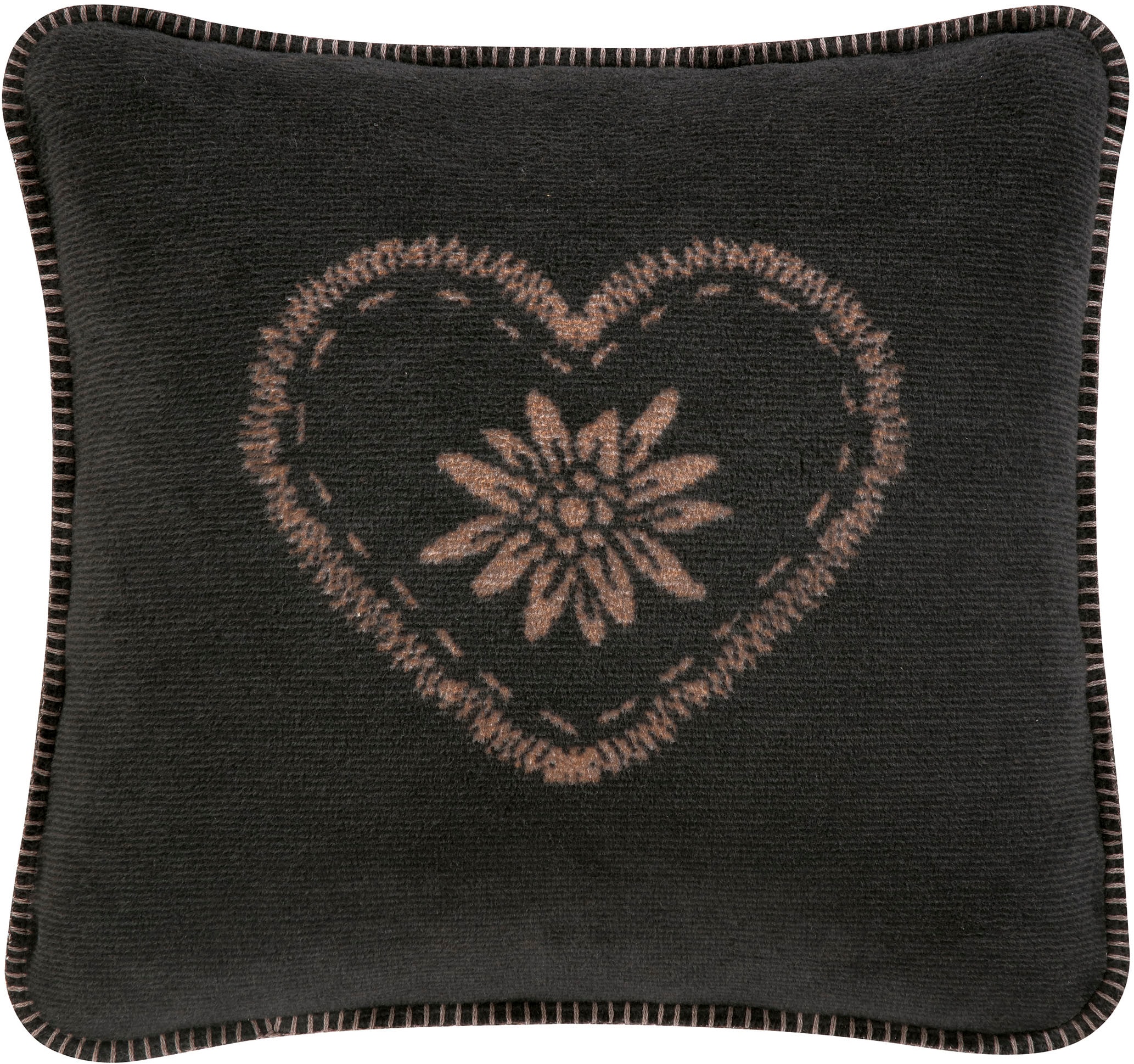 Dekokissen BIEDERLACK, B:50cm L:50cmschwarz, herz, Baumwolle, Polyester, Dekokissen_Sitzkissen_Kissenhüllen, "Alp Charm", Herzmotiv mit Enzianblüte