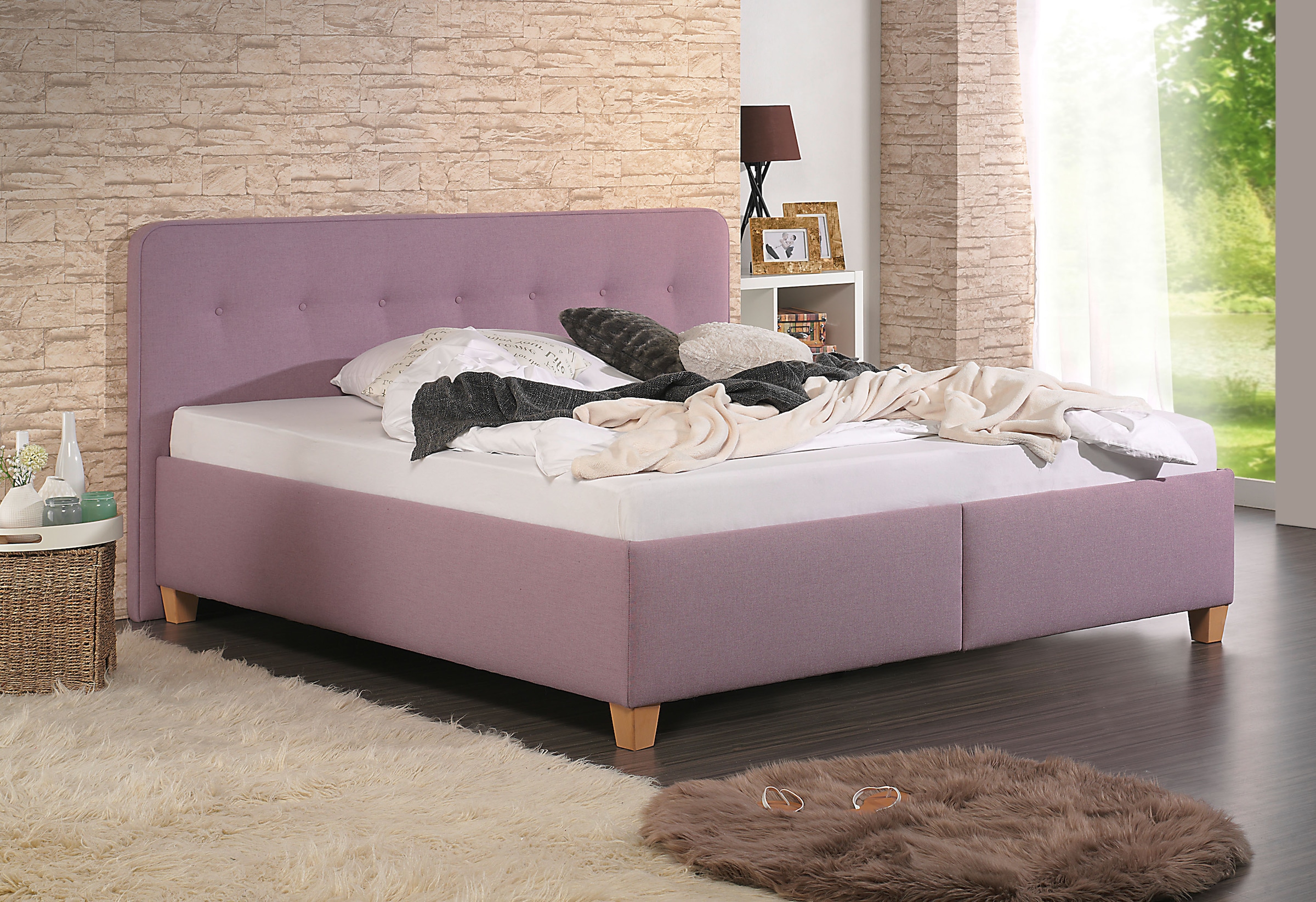 Polsterbett MAINTAL "1", lila (flieder, buche hell geölt), B:213cm H:102cm L:207cm, Struktur fein (100% Polyester), Betten, Polsterbett, mit oder ohne Matratze Bonell-, Kaltschaum-, Taschenfederkern Matratze