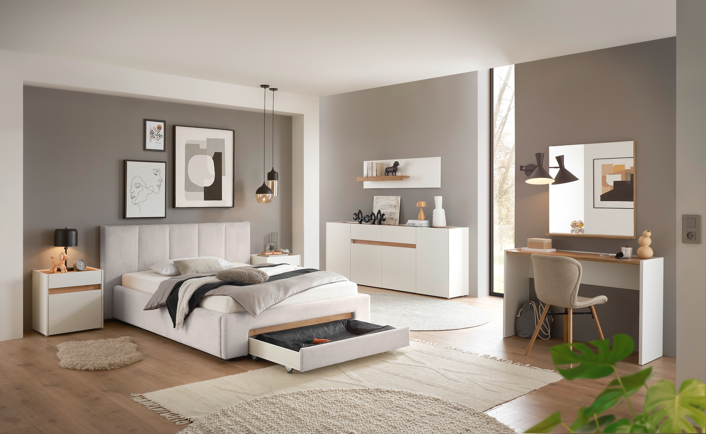 INOSIGN Polsterbett »CiTY/GiRON, Bettgestell mit Bettkasten, gepolstertes Stauraumbett«, mit Hundebett oder Stauraumschublade, Bezug Cord-oder Leinenoptik