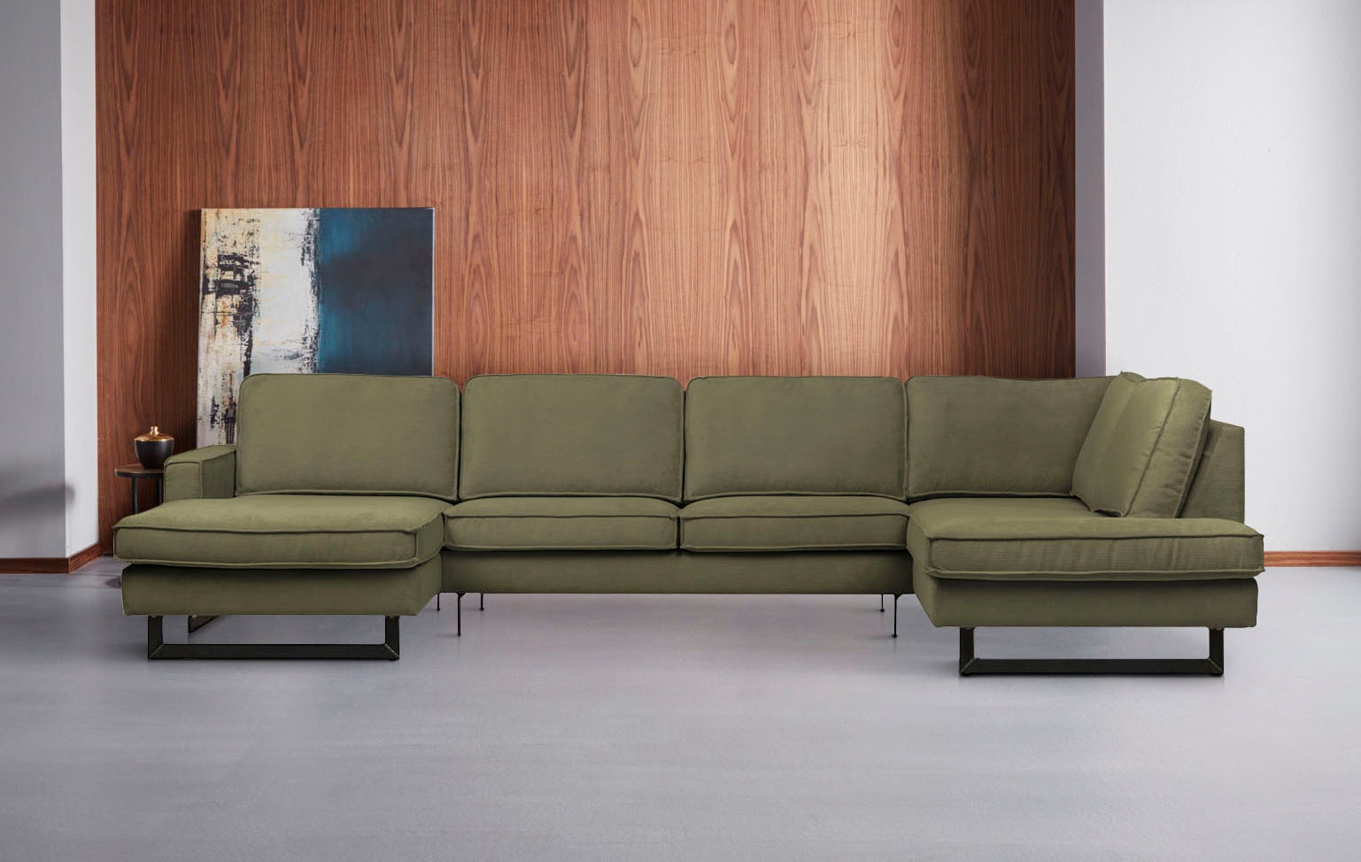 Places of Style Wohnlandschaft »Pinto, 350 cm, U-Form, XXL, mit Ottomanen«, Cord, Chenille, Lederoptik, mit Keder, Metallfüße, Wellenunterfederung