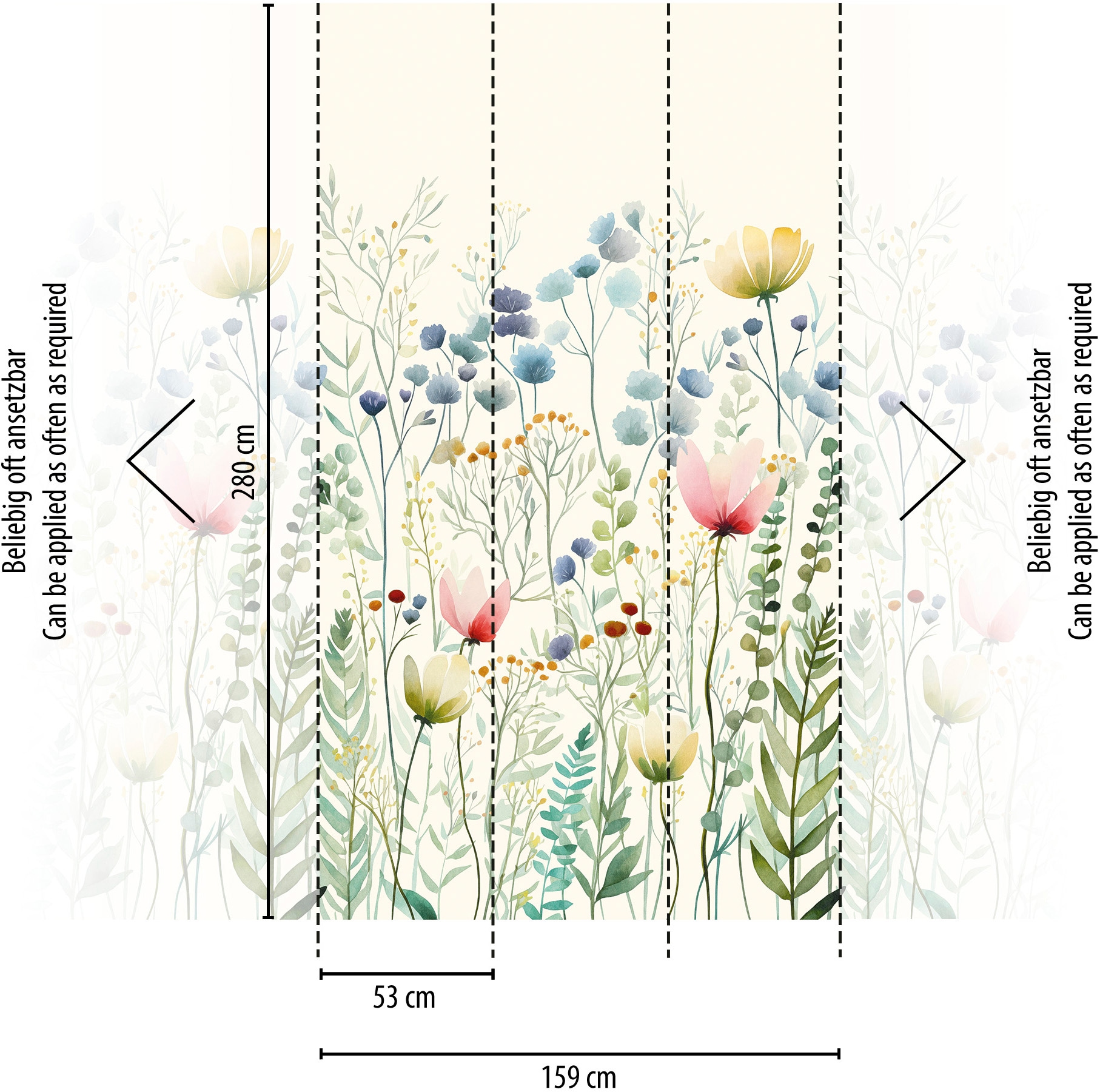 living walls Fototapete »The Wall 4 Flowers – Blumenwiese mit Blätterranken Vlies-Fototapete« botanisch | floral | matt leicht strukturiert Blumenwiese mit Blätterranken – natürlicher Tiefenwirkung
