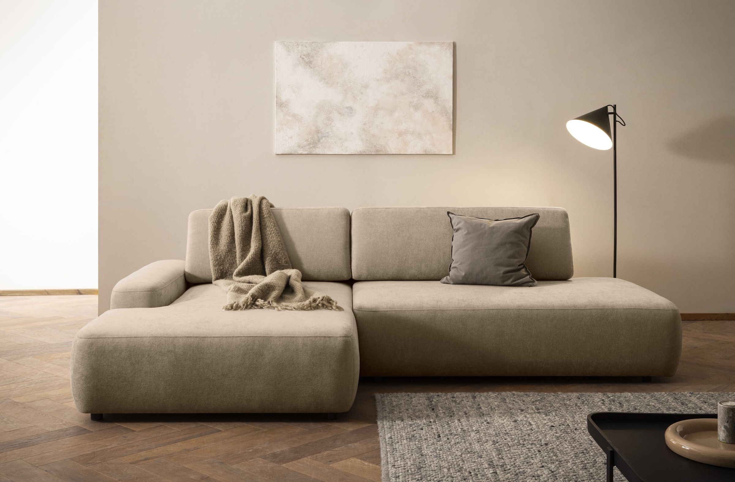 INOSIGN Ecksofa »TORGE, Schlafsofa Cord, Samtvelours u. Strukur fein, Couch in L-Form«, Schlaffunktion und Bettkasten, Liegefläche: 210x125 cm, neues Design