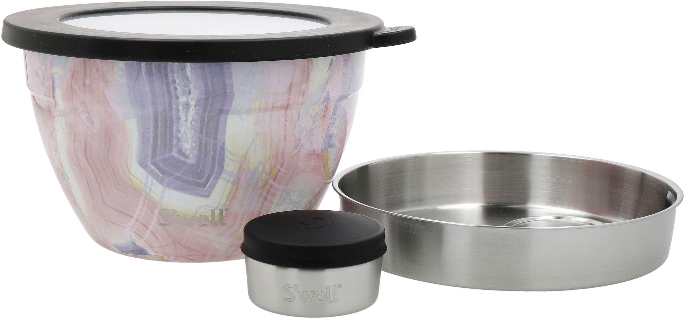 S'well Salatschüssel »S'well Calacatta Gold Salad Bowl Kit, 1.9L«, 3 tlg., aus Edelstahl, Therma-S'well®-Technologie mit vakuumisolierten Außenschale