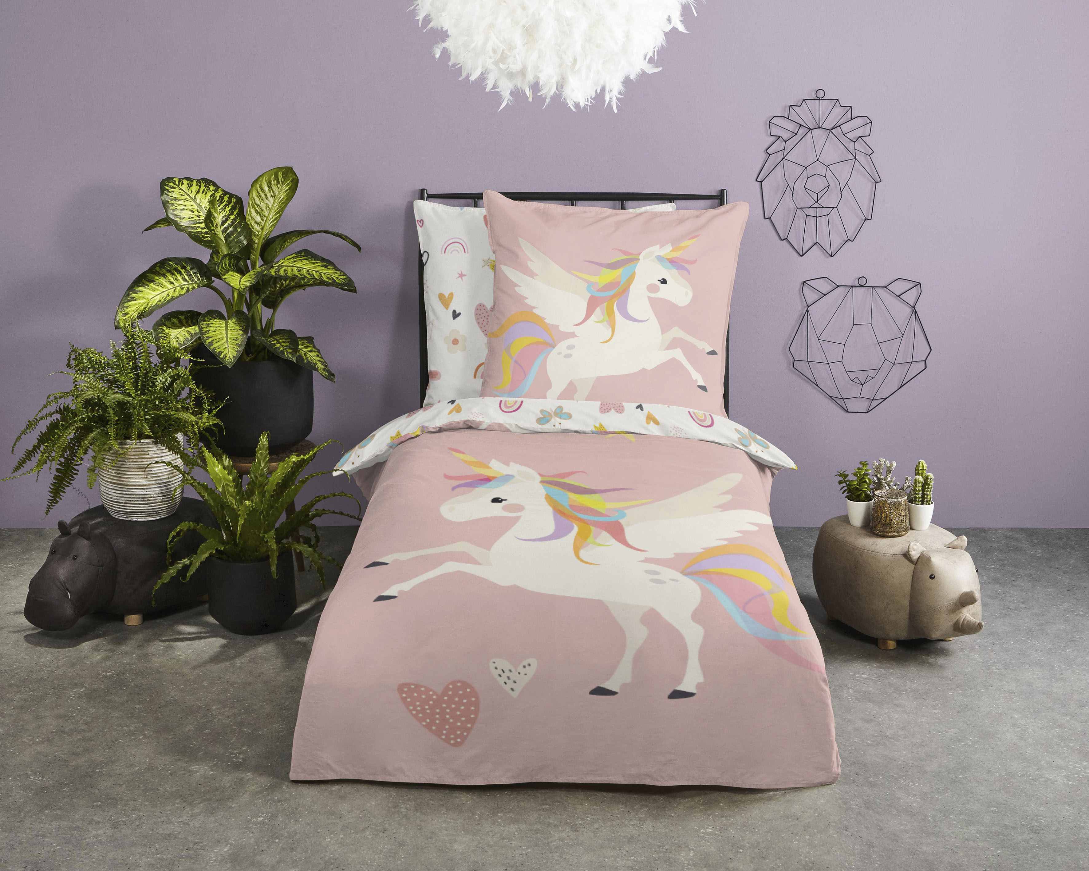 good morning Kinderbettwäsche "Unicorn" 2 Stk. Baumwolle, 135x200, Reißverschluss, Wendeoptik, Mädchen, Einhorn, Rosa