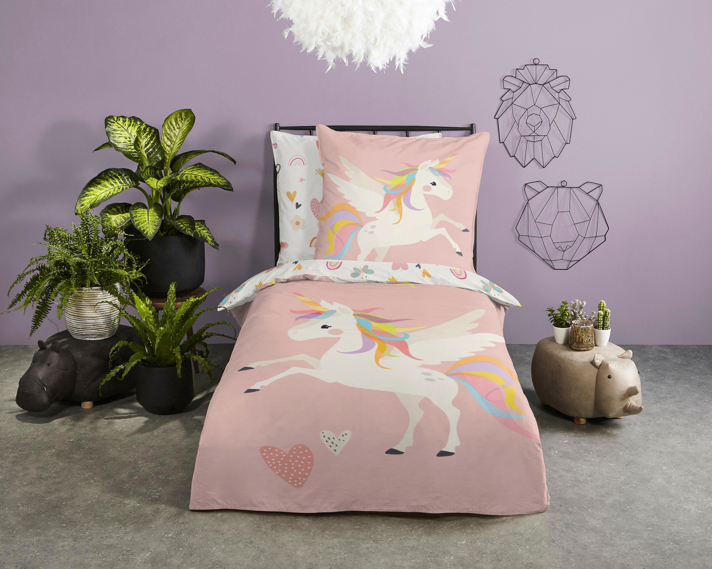 good morning Kinderbettwäsche "Unicorn", Baumwolle, 135x200, Reißverschluss, Wendeoptik, Mädchen, Einhorn, Rosa