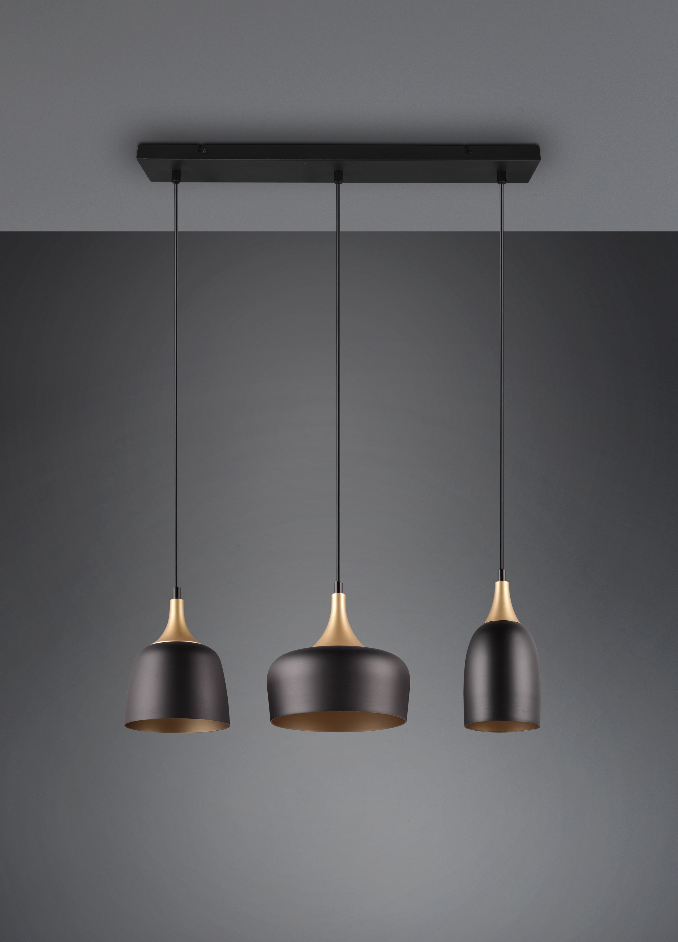 TRIO Leuchten Pendelleuchte »CHIRAZ, Hängeleuchte 3-flammig schwarz messing gold max 150cm Höhe« E14 1 Stk. warmweiß - kaltweiß Hängelampe exkl 3x E14 max 25W, Industrie Loft Stil 3 Schirmformen